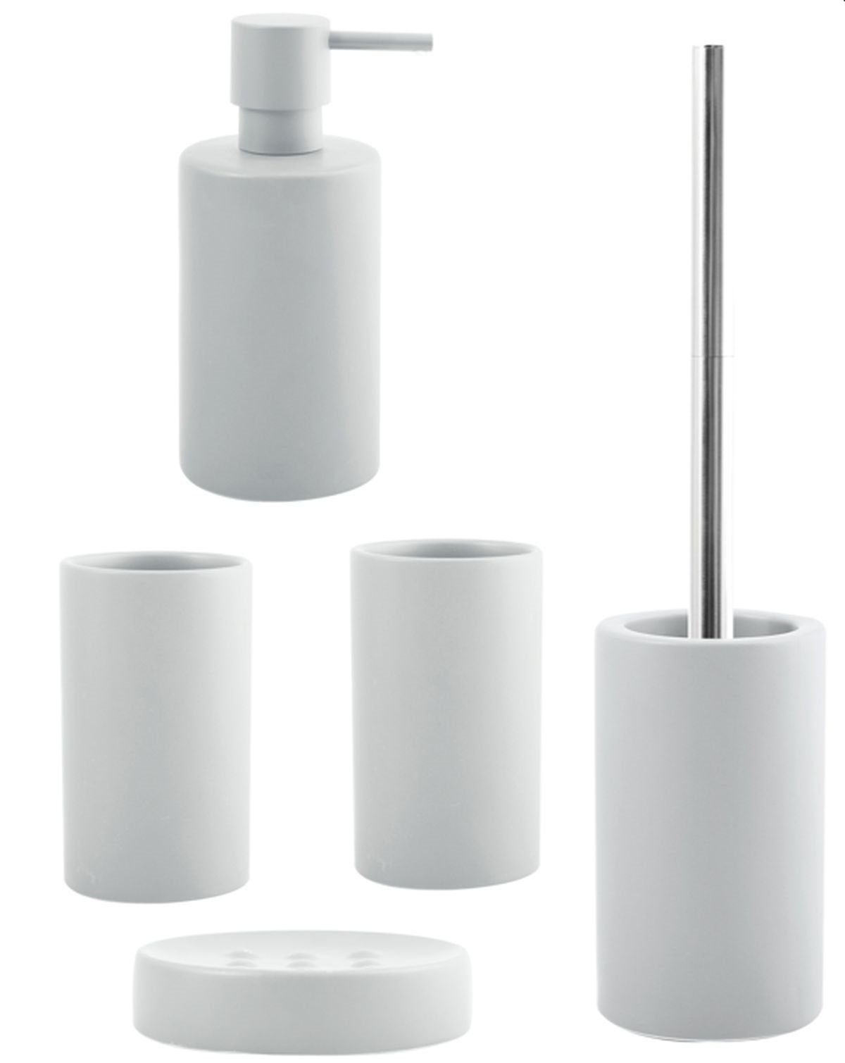 spirella Badaccessoires-Sets TUBE MATT BUNT, Komplett-Set Badezimmerzubehör, 5 tlg., Zubehör-Set aus hochwertiger Keramik, 5 tlg., bestehend aus: WC-Bürste, Seifenspender, 2x Zahnputzbecher, Seifenschale, aktuell angesagte Trendarben, elegante Matt-Optik, weiß