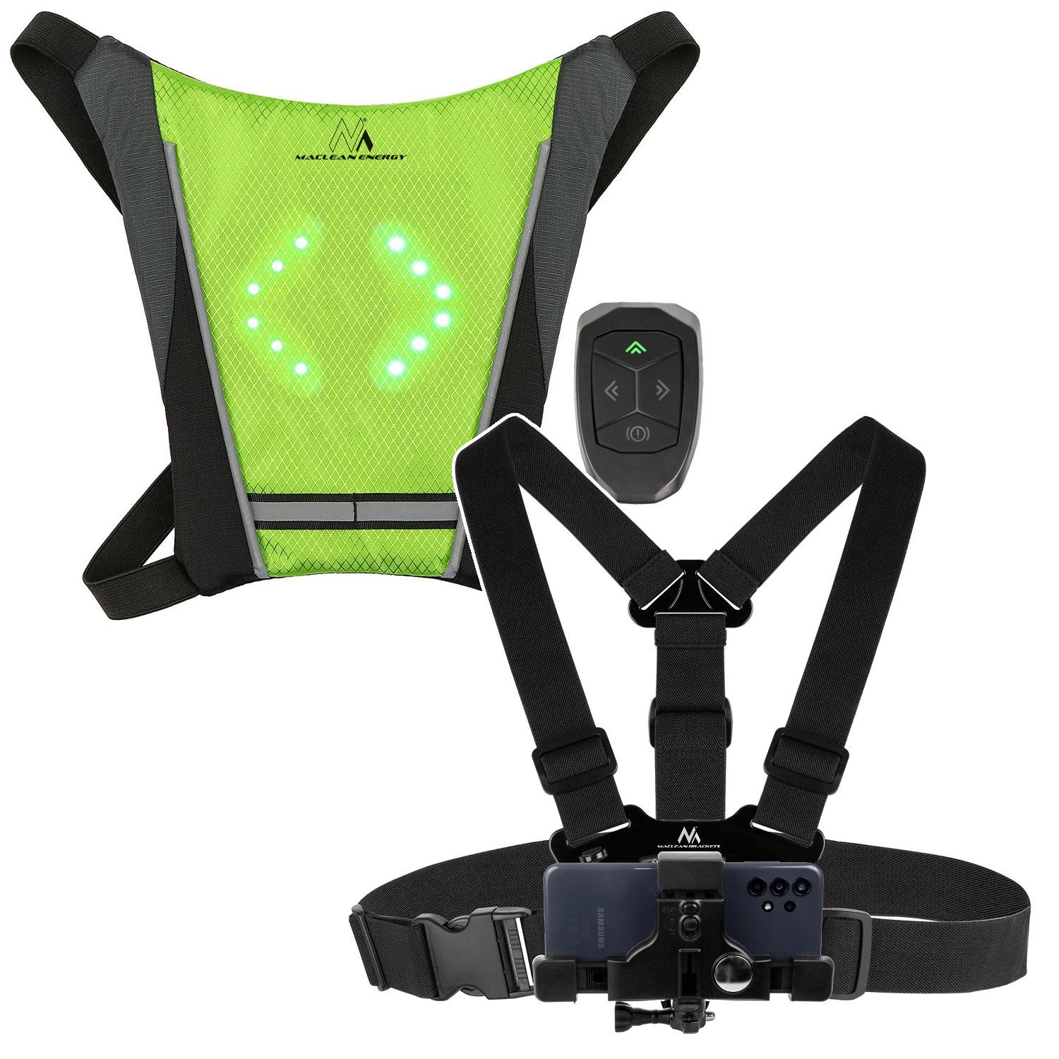 Maclean Warnweste Rucksack mit LED-Signalleuchte MCE420 + Sportgurt MC-445 Handyhalterung/Sportgurt für GoPro-Kameras
