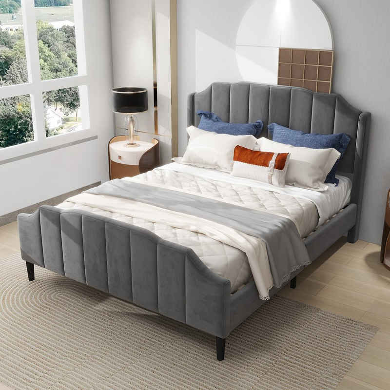 OKWISH Bett Polsterbett, Doppelbett Jugendbett Gästebett (mit Kopfteil, Fußteil und Lattenrost 140 x 200 cm), Ohne Matratze