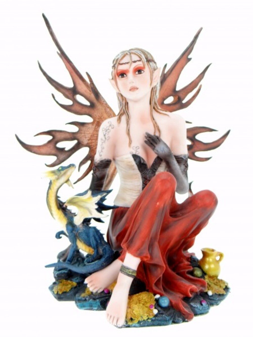 Vogler Dekofigur Glückselfe Dragolda sitzt auf Goldschatz Fee Fairy Figur