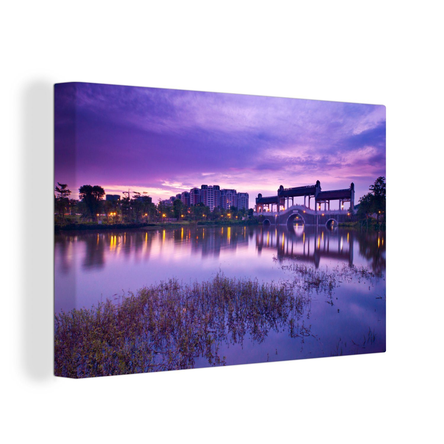OneMillionCanvasses® Leinwandbild Lila Himmel über Foshan in Asien, (1 St), Wandbild Leinwandbilder, Aufhängefertig, Wanddeko, 30x20 cm