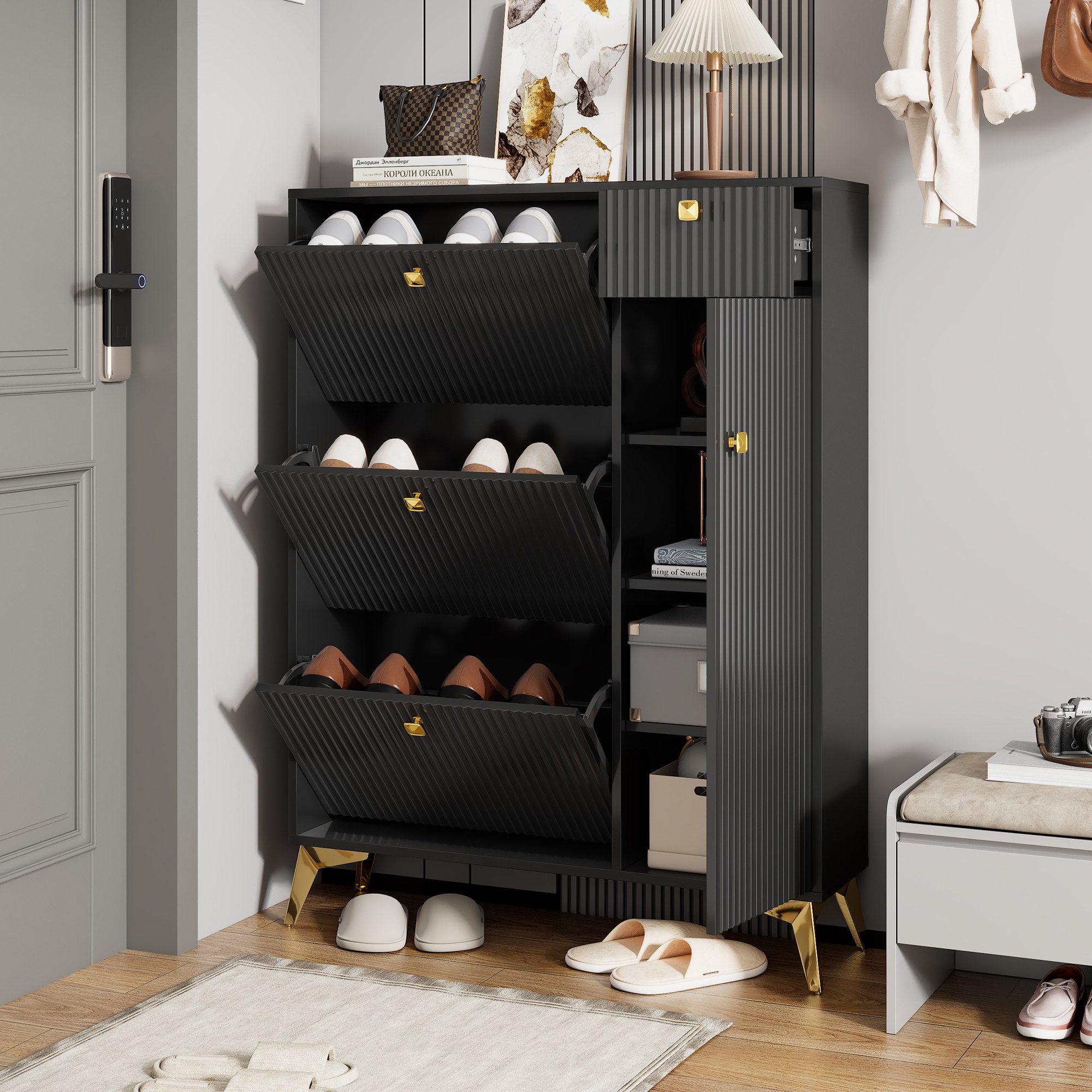 Flieks Schuhschrank Schuhkommode mit 3 Klappen, 1 Schublade und 1 Tür (H121xB90xT25 cm, 1-St., ca 16 Paar Schuhe) Schuhregal Schuhkipper mit verstellbarer Einlegeböden Schwarz