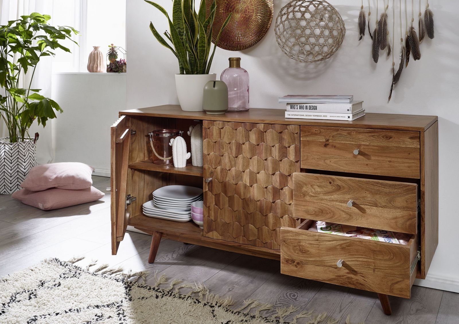 Massivmoebel24 Sideboard MOSAYK Akazie Massivholz natur (Massivholz montiert 57 kg MOSAYK #106), Akazie 145x42x75 cm (BxTxH) natur lackiert – Bild 4 von 5