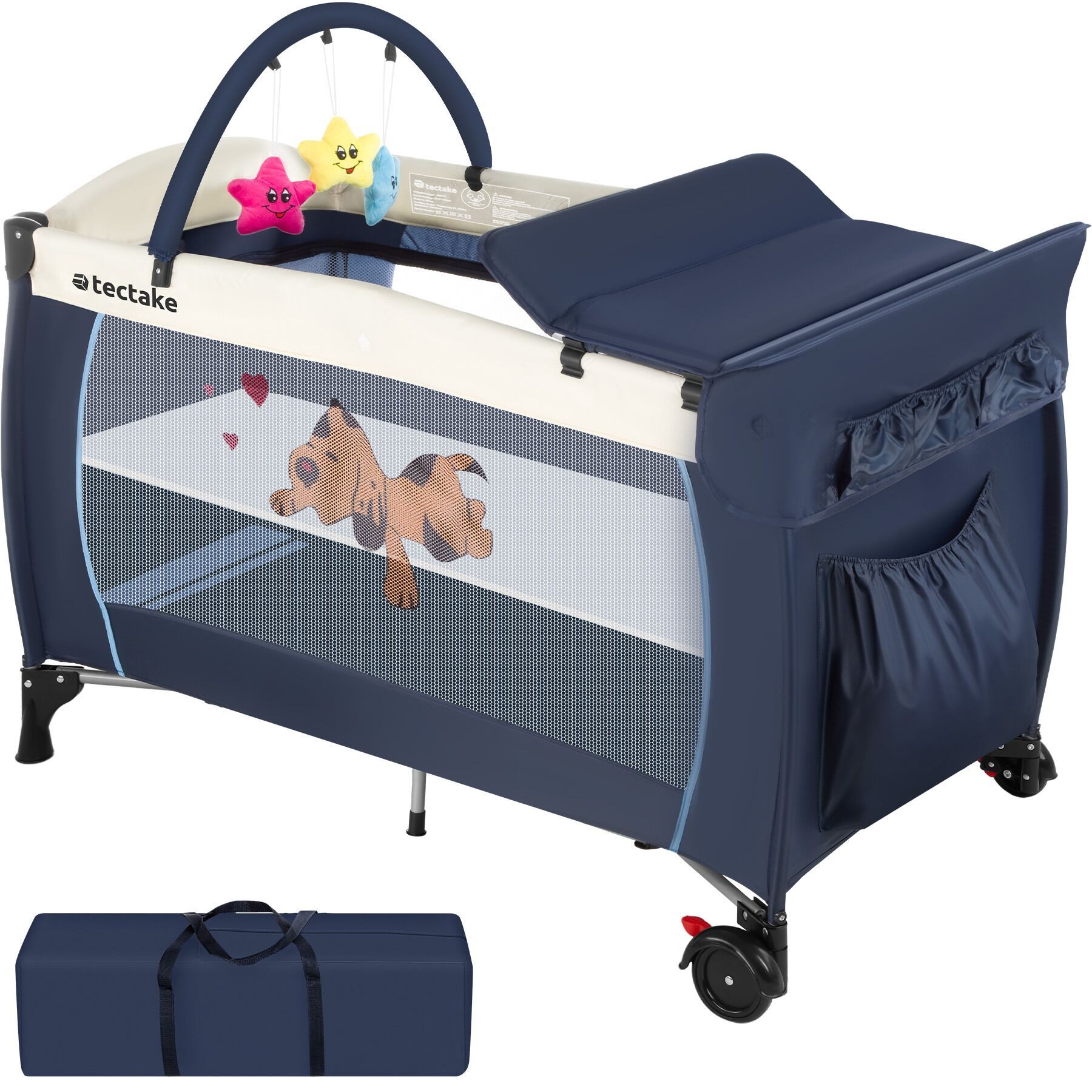 tectake Baby-Reisebett Kinderbett mit Wickelauflage und Transporttasche 132x75x104cm, mit großen Mesh-Einsätzen, Wickelauflage und Seiteneingang in blau
