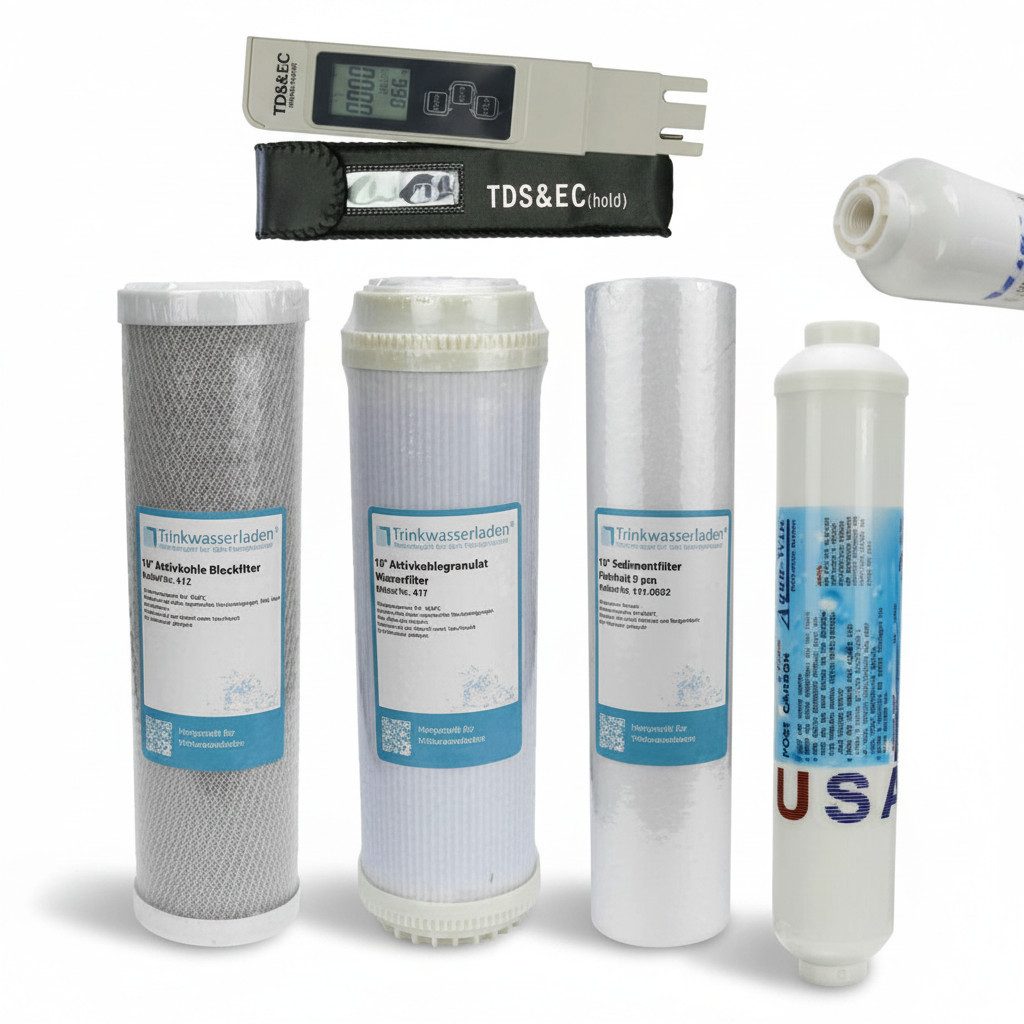 Trinkwasserladen Filtereinsatz, Filterset 10" 4-teilig + Wassertester TDS/EC - Umkehrosmose
