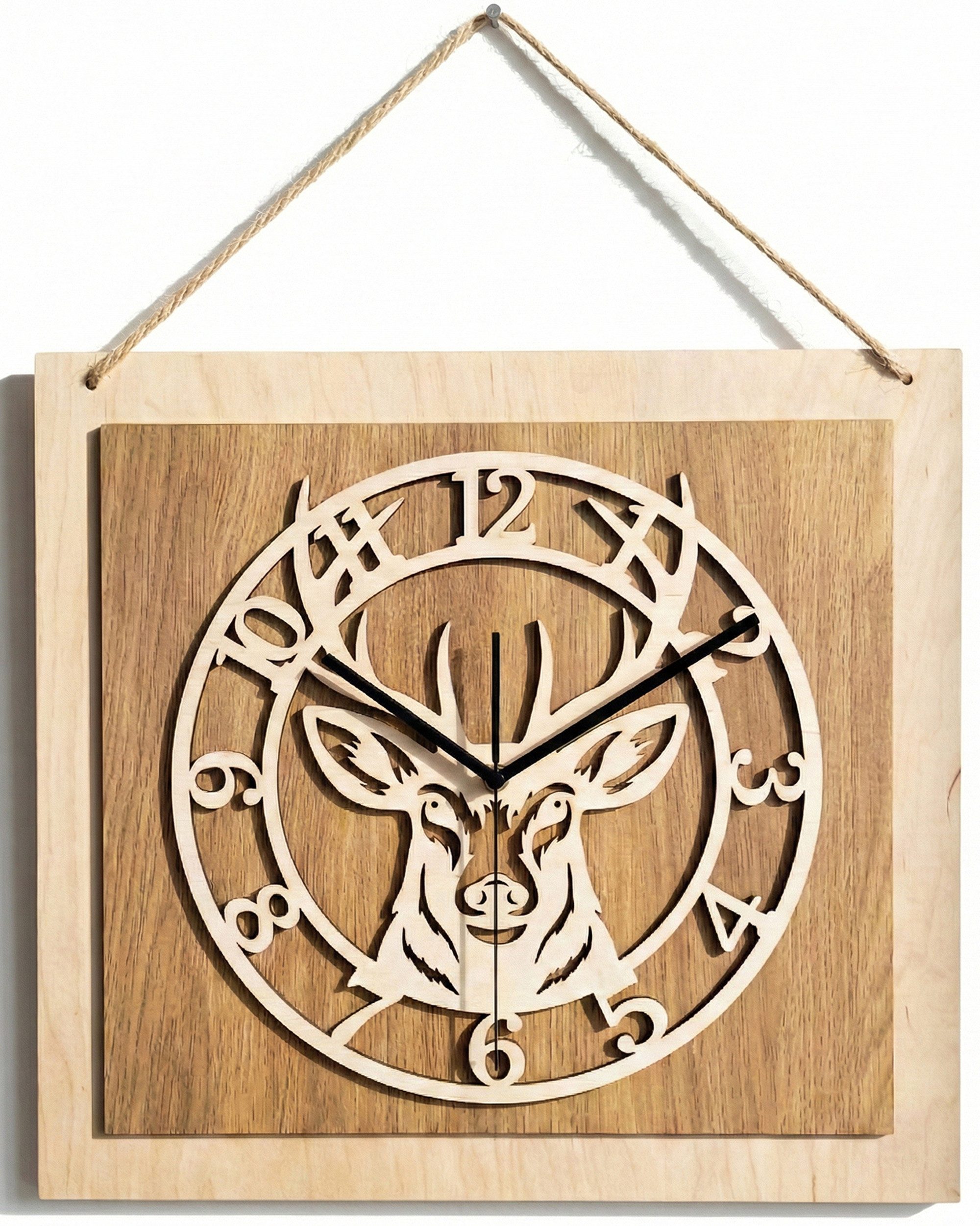 ORNAMENTI Wanduhr Große handgefertigte rustikale aus Holz, Hingucker Wanddeko (quadratisch, ohne Tickgeräusche für Wohnzimmer Küche)