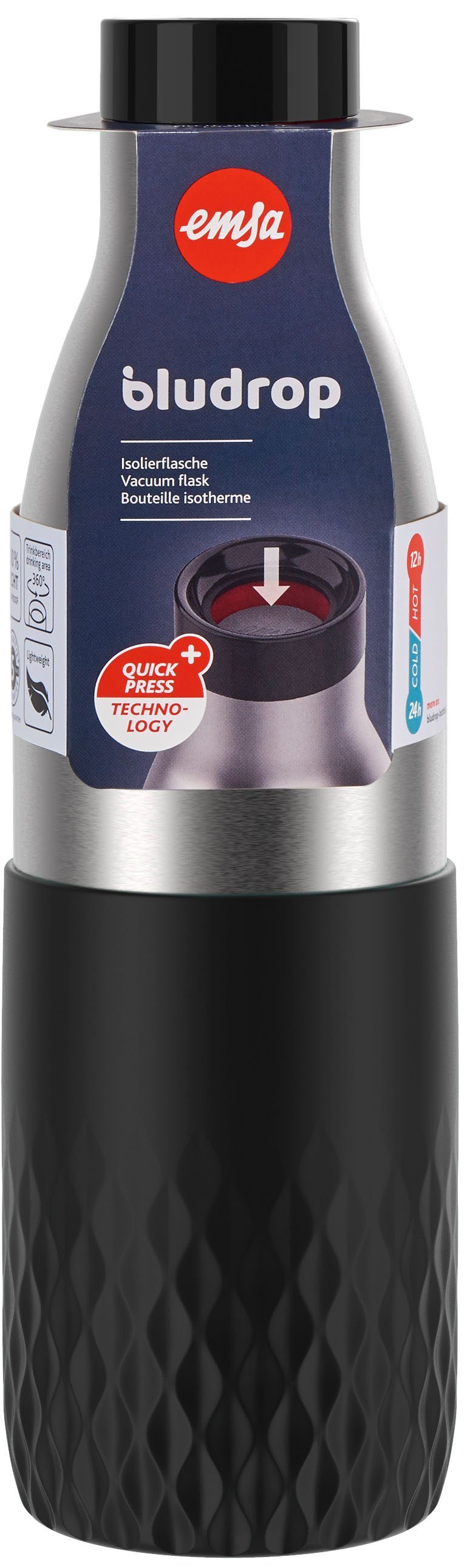 Emsa Trinkflasche Bludrop Sleeve, Edelstahl/Silikon, Quick-Press, 12h warm/24h kühl