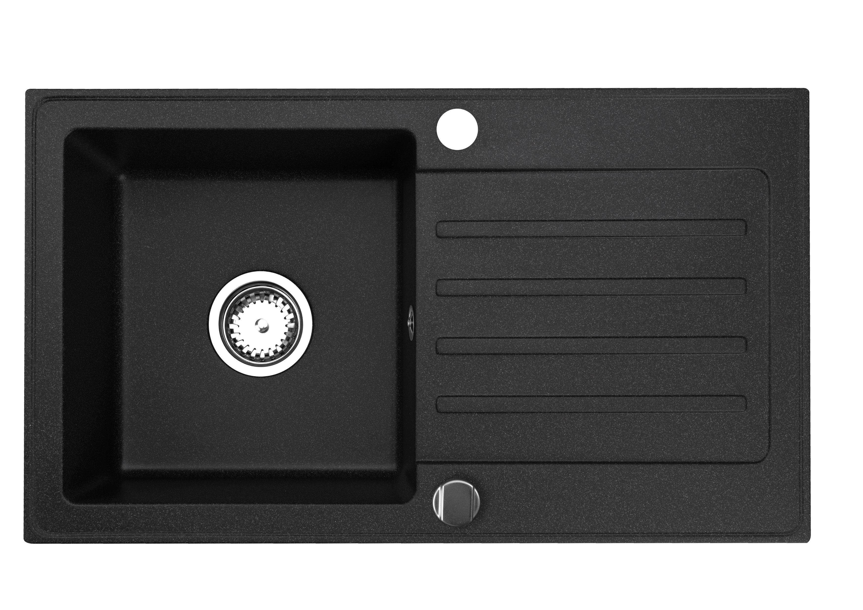 Faizee Möbel Granitspüle Granitspüle Küchenspüle mit Siphon und ausziehbar Armatur Schwarz, Eckig