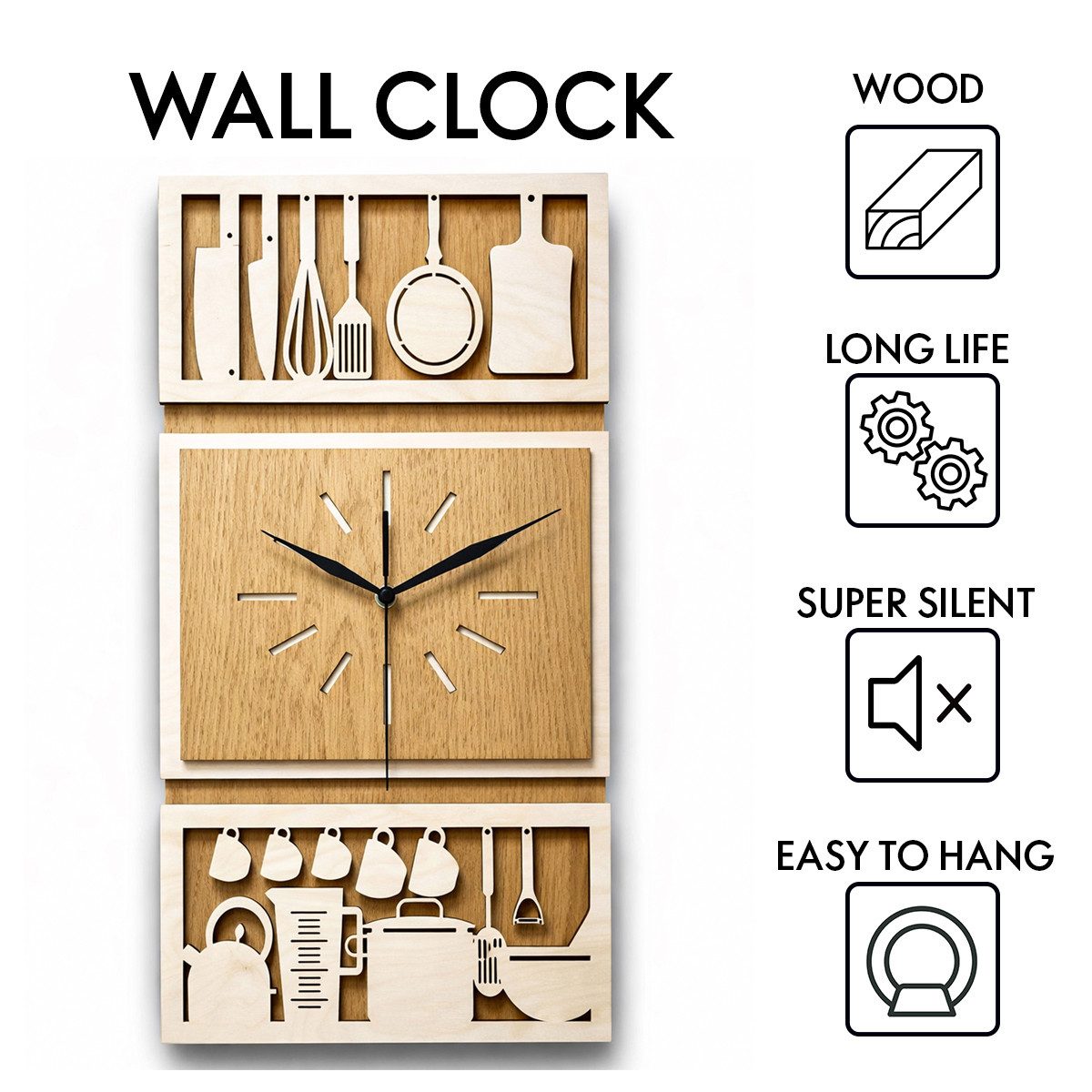 ORNAMENTI Wanduhr Große Küchenuhr, handgefertigte,moderne aus Holz, Hingucker Wanddeko (lautlos, ohne Tickgeräusche für Wohnzimmer, ohne Ziffern)