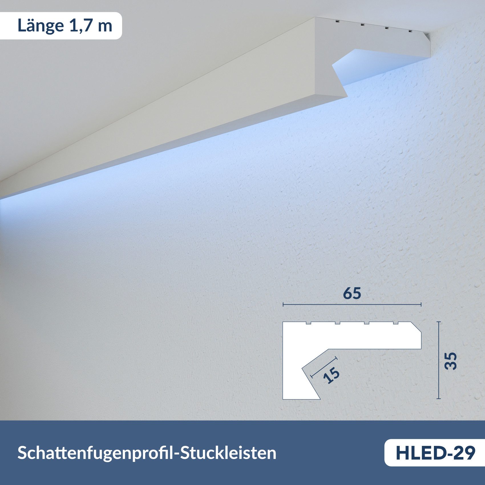 HEXIMO Eckprofil HLED 29 (LED-Schattenfugenprofil Stuckleisten, indirekte Beleuchtung XPS Styropor-Trockenbaudecken-Schattenfugenprofil Trockenbau-Schattenfuge (Muster HLED 29)