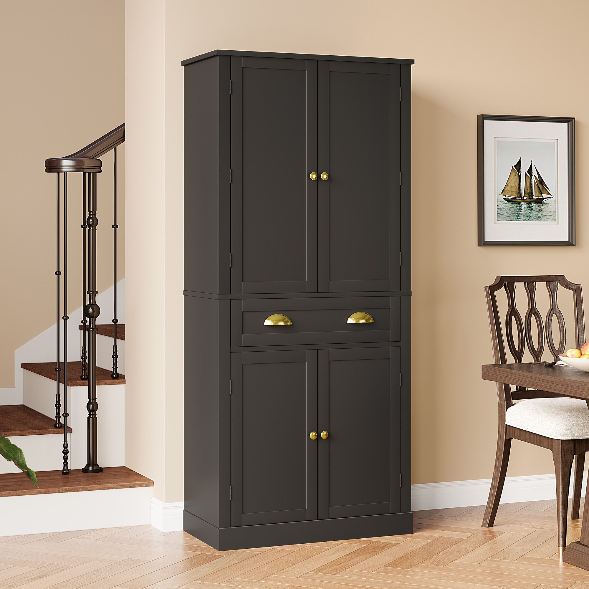 Flieks Mehrzweckschrank mit 4 Türen und 1 Schublade Weiß/Schwarz (mit Türablagen, 1-St., B80/T40/H182 cm) Hochschrank Vorratsschrank Küchenschrank mit verstellbare Ablagen