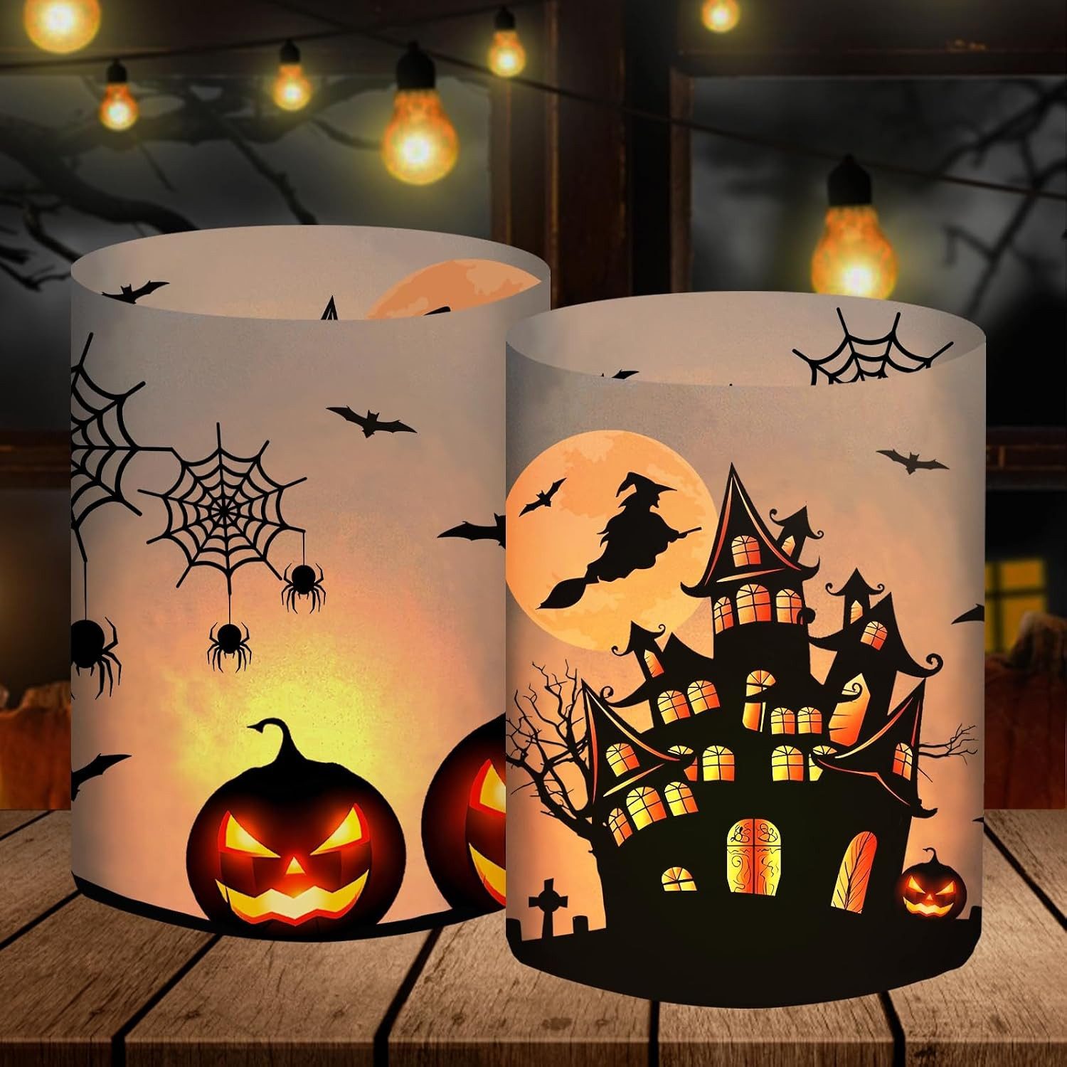FELIXLEO Teelichthalter 16 Stück Halloween Windlichter mit Kürbis Hexe und Spinnennetz