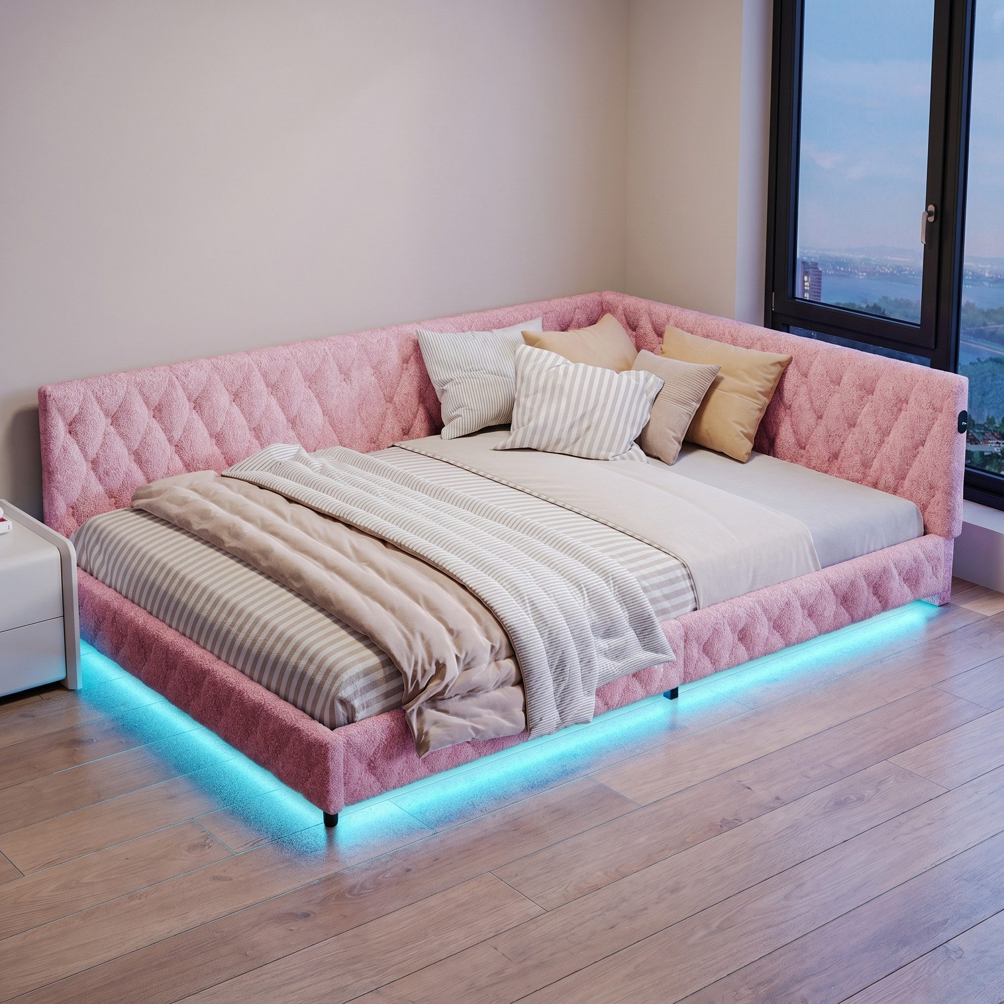 ADWOLT Polsterbett Daybett Schlafsofa Doppelbett Tagesbett, 140x200cm mit LED Beleuchtung und USB-Aufladen,Teddysamt,Rosa