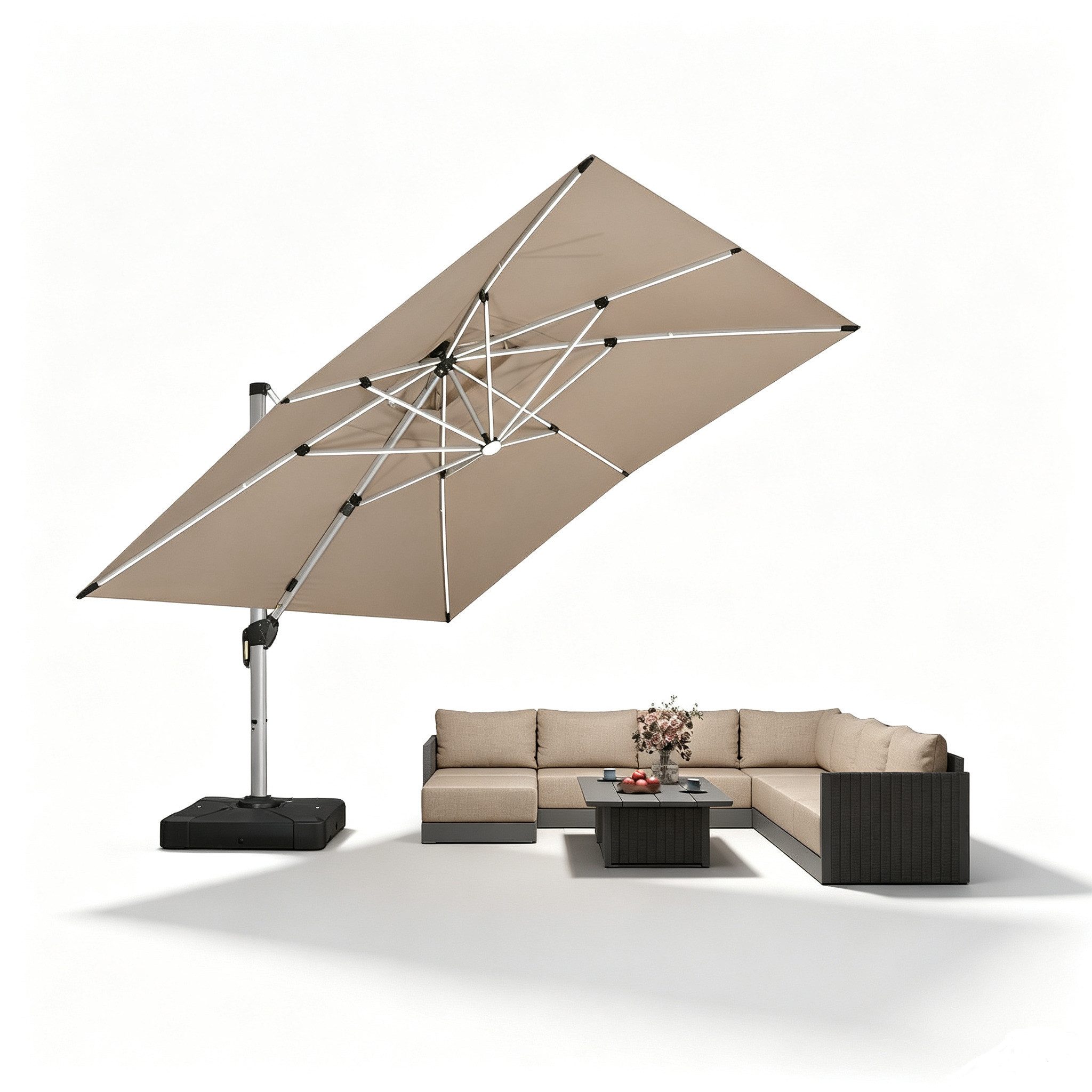 PURPLE LEAF Sonnenschirm Rechteckig Außenbereich Alu Ampelschirm, Gartenschirm mit Solar LED, LxB: 365,00x270,00 cm, windstabil,für Garten,Terrasse, Pool