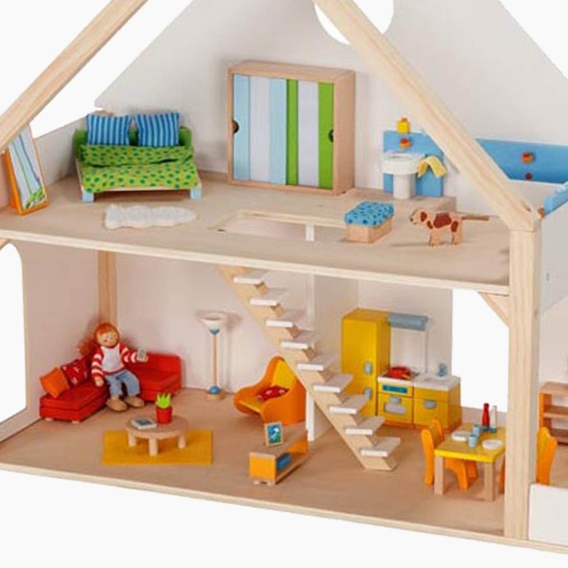 goki Puppenhaus Puppenhaus mit 2 Etagen, (packung, 1-tlg., unmontiert), Offenes Dach für besseren Zugang