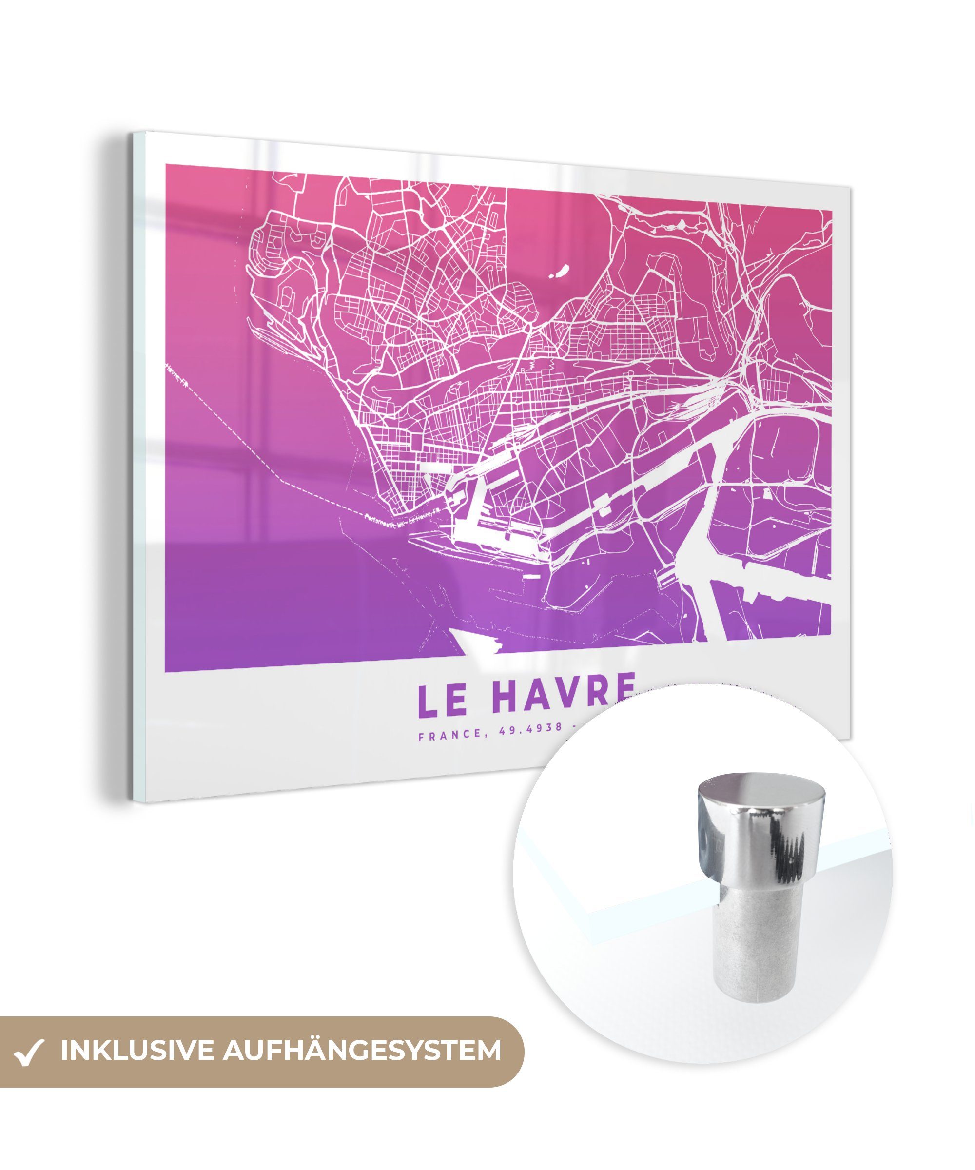 MuchoWow Acrylglasbild Frankreich - Le Havre - Stadtplan, (1 St), Acrylglasbilder Wohnzimmer & Schlafzimmer