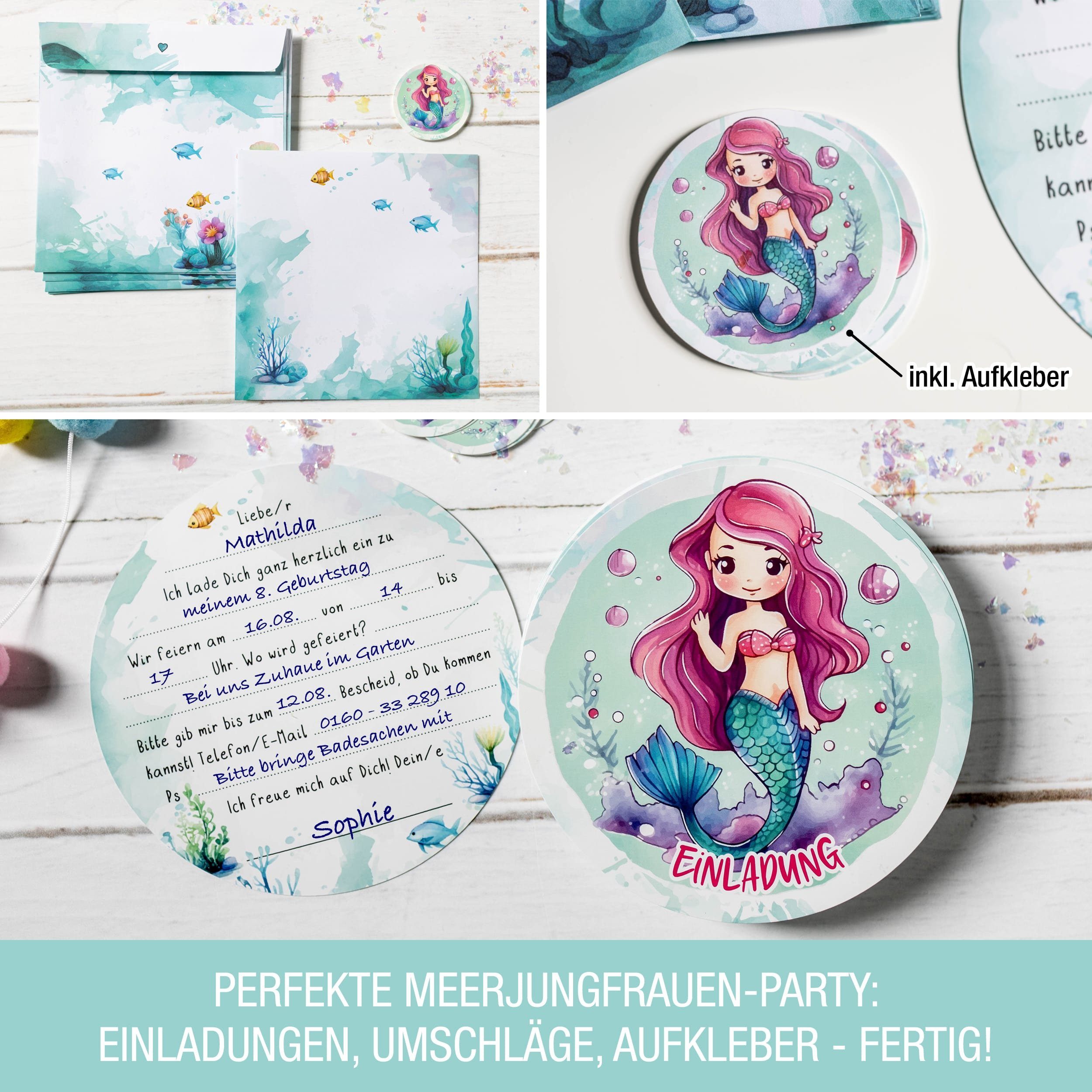 inkl Einladung Kindergeburtstag Meerjungfrau Geburtstag Sticker, Runde TOBJA Grußkarte Mädchen Kinder XXL Umschläge & Einladungskarten