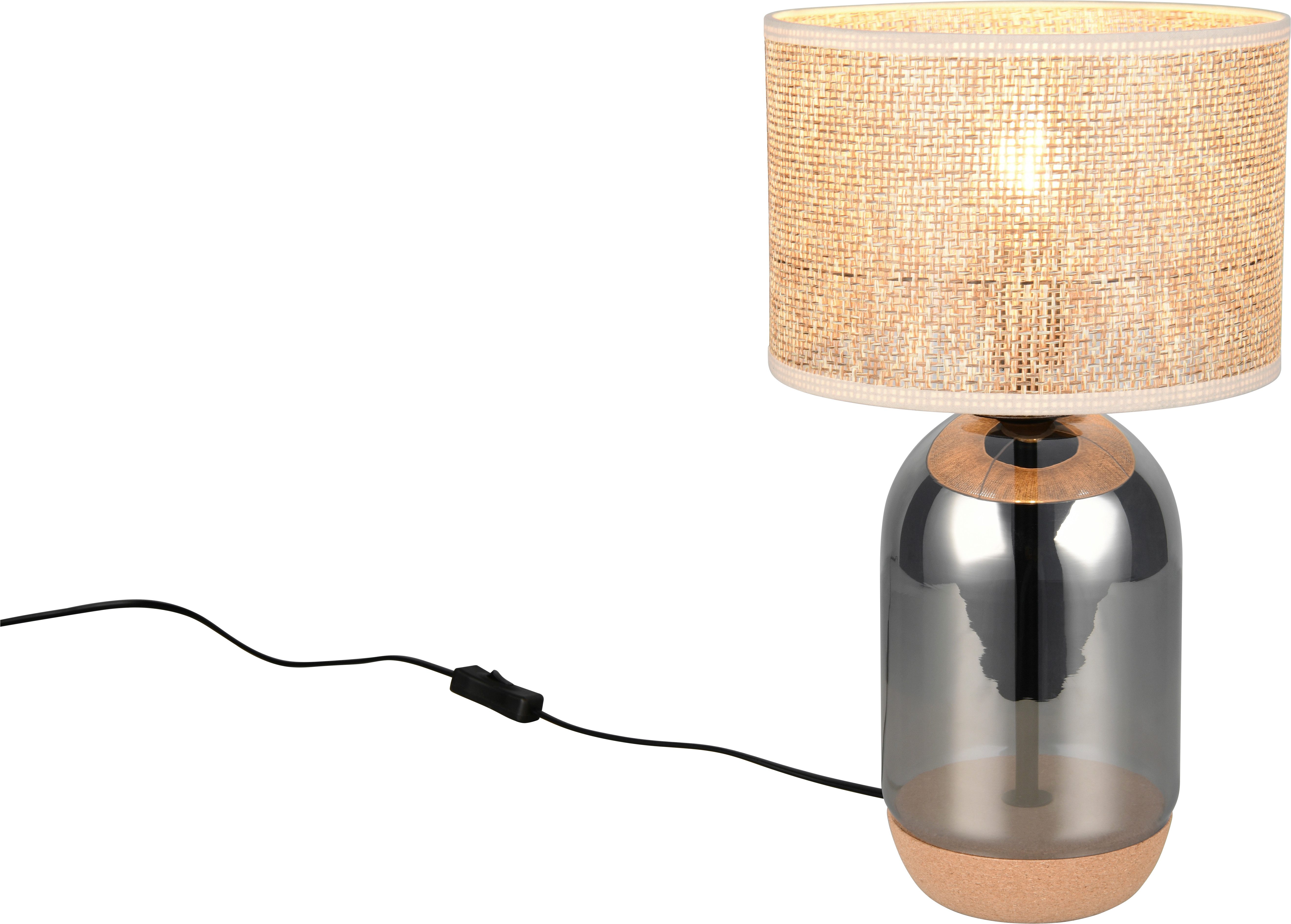 Tischleuchte TARA, Tischlampe, Fuß aus Glas & Kork, Lampenschirm aus Strohgeflecht