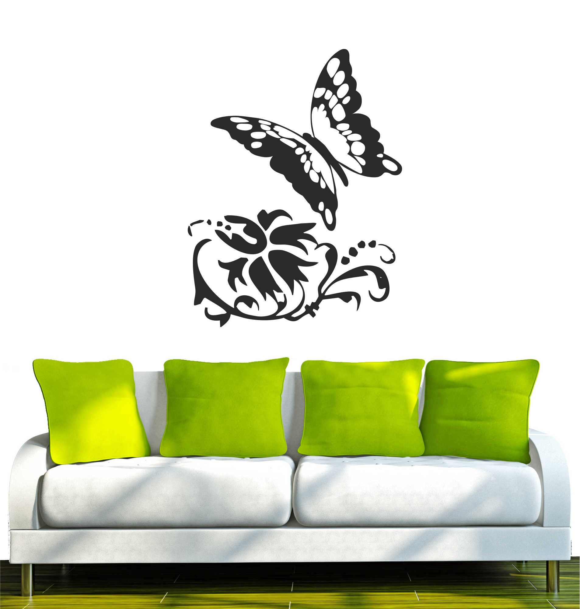 INDIGOS UG Wandtattoo Wandtattoo - Wandaufkleber - w045 Schmetterling Pflanze Blume