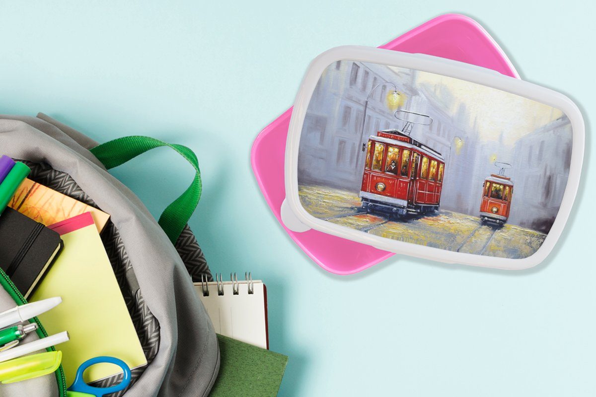 MuchoWow Lunchbox - Öl, - Brotbox rosa Gemälde - Stadt Kinder, Brotdose Mädchen, Snackbox, Erwachsene, für Kunststoff (2-tlg), Kunststoff, Straßenbahn