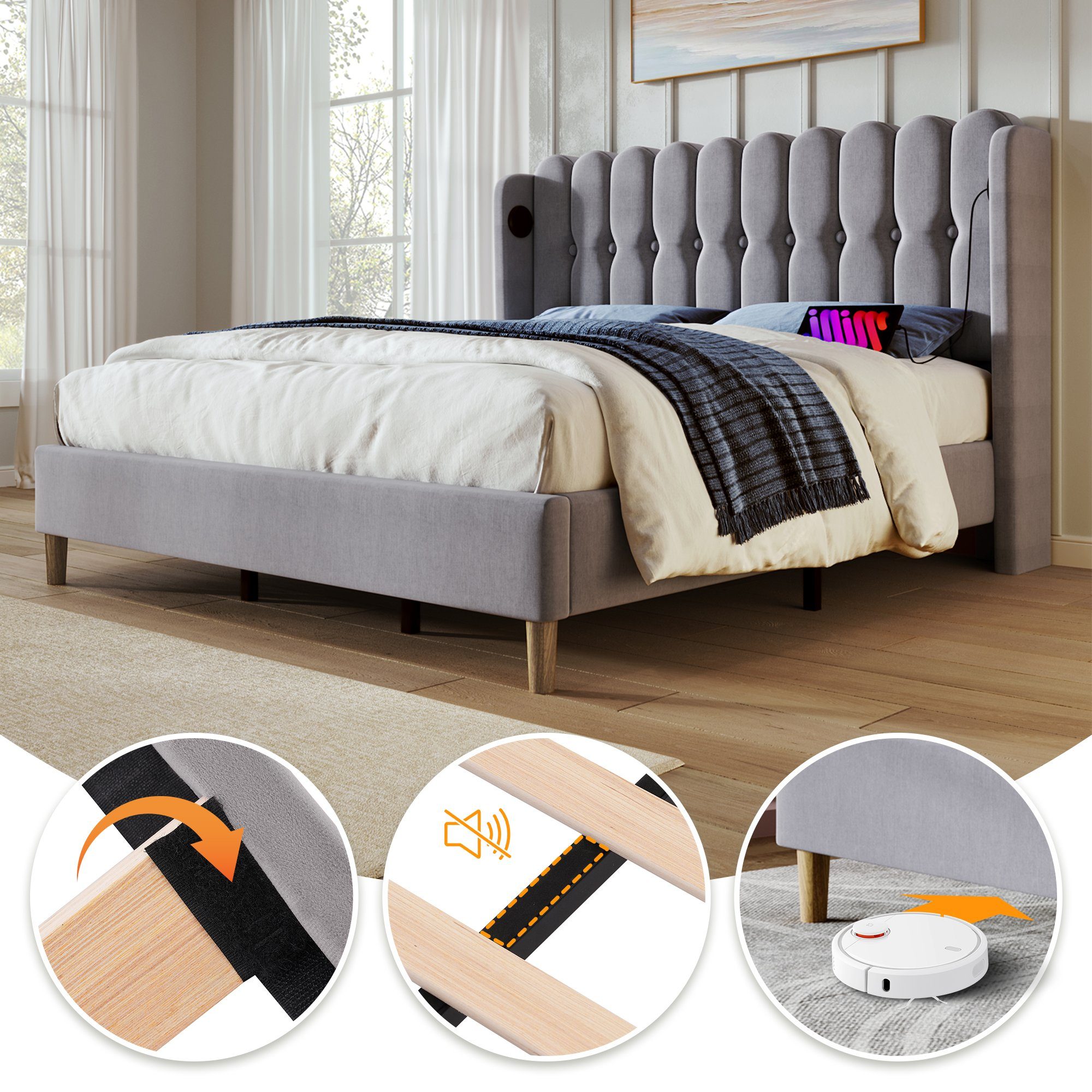 Polsterbett, Doppelbett mit USB Typ C Ladefunktion, 140x200 cm, Leinen