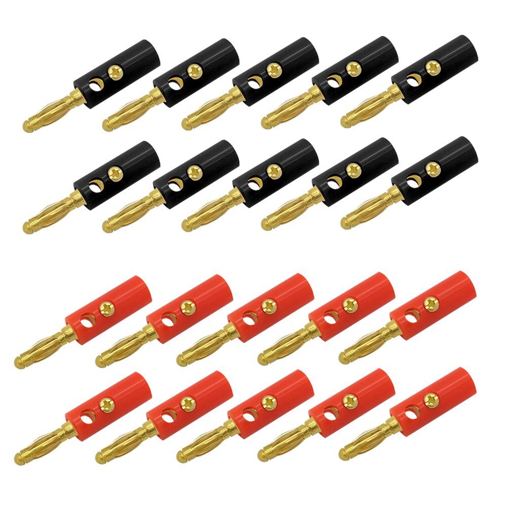 ARLI Bananenstecker vergoldet 4 mm Set Audio-Adapter Bananen zu Rohkabel, 20 x Bananen Stecker vergoldet 4mm 10 SCHWARZ + 10 ROT Set