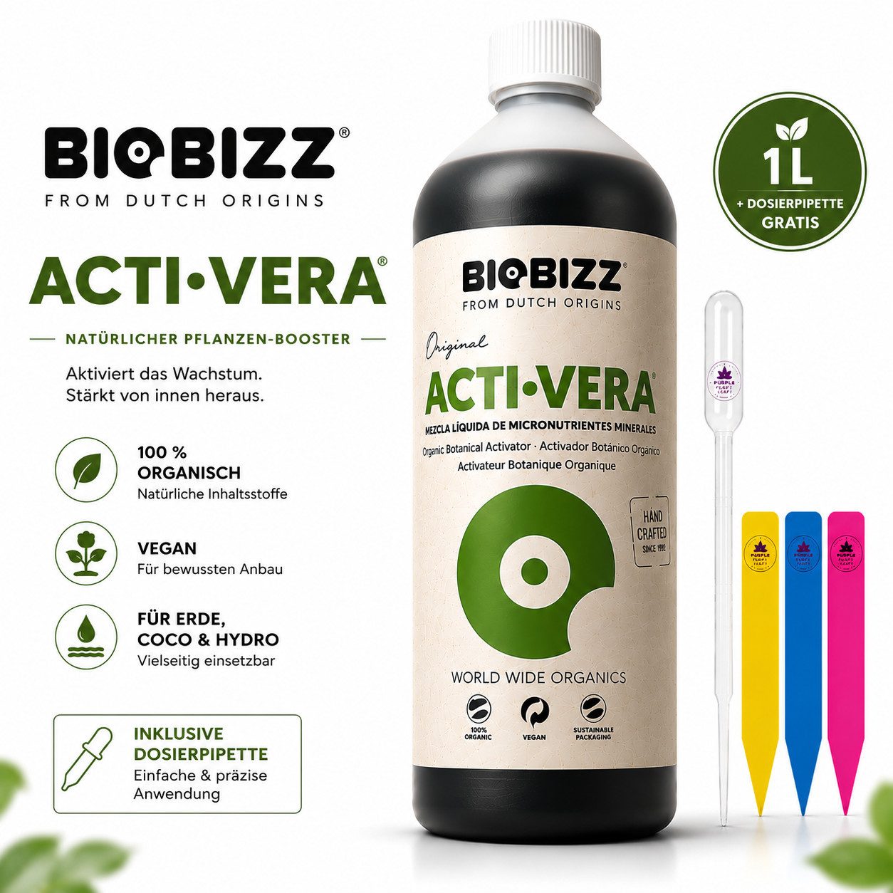 Biobizz Pflanzendünger Biobizz Acti·Vera, Inklusive Dosierpipette und 3 Pflanzenschildern (Farbe zufällig), Pflanzentonikum, natürliche Inhaltsstoffe, universell einsetzbar