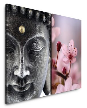 Sinus Art Leinwandbild 2 Bilder je 60x90cm Buddha Buddhakopf Kirschbaum Frühling Japan Wiedergeburt Meditation