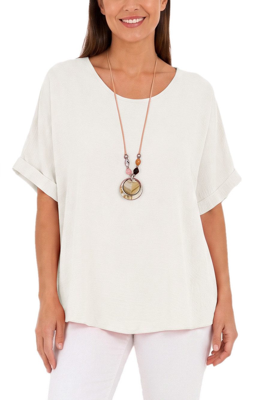 dy_mode Kurzarmbluse Kurzarmbluse Damen Blusenshirt Oberteil Oversize Tunika in Unifarbe, mit Statementkette