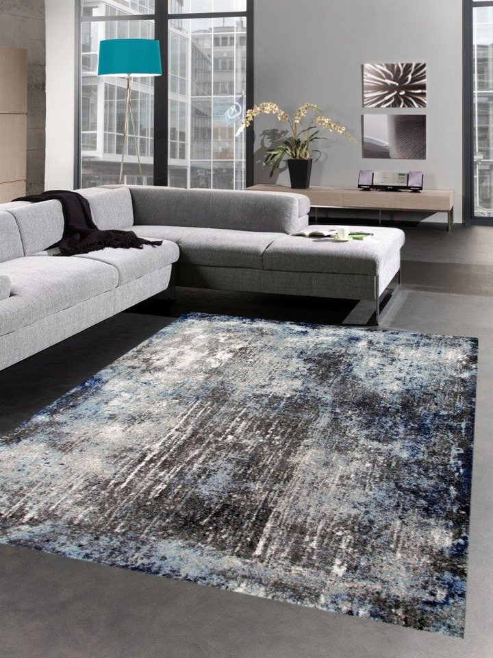 Teppich Teppich modern Wohnzimmerteppich Vintage blau grau schwarz,  Carpetia, rechteckig, Höhe: 15 mm