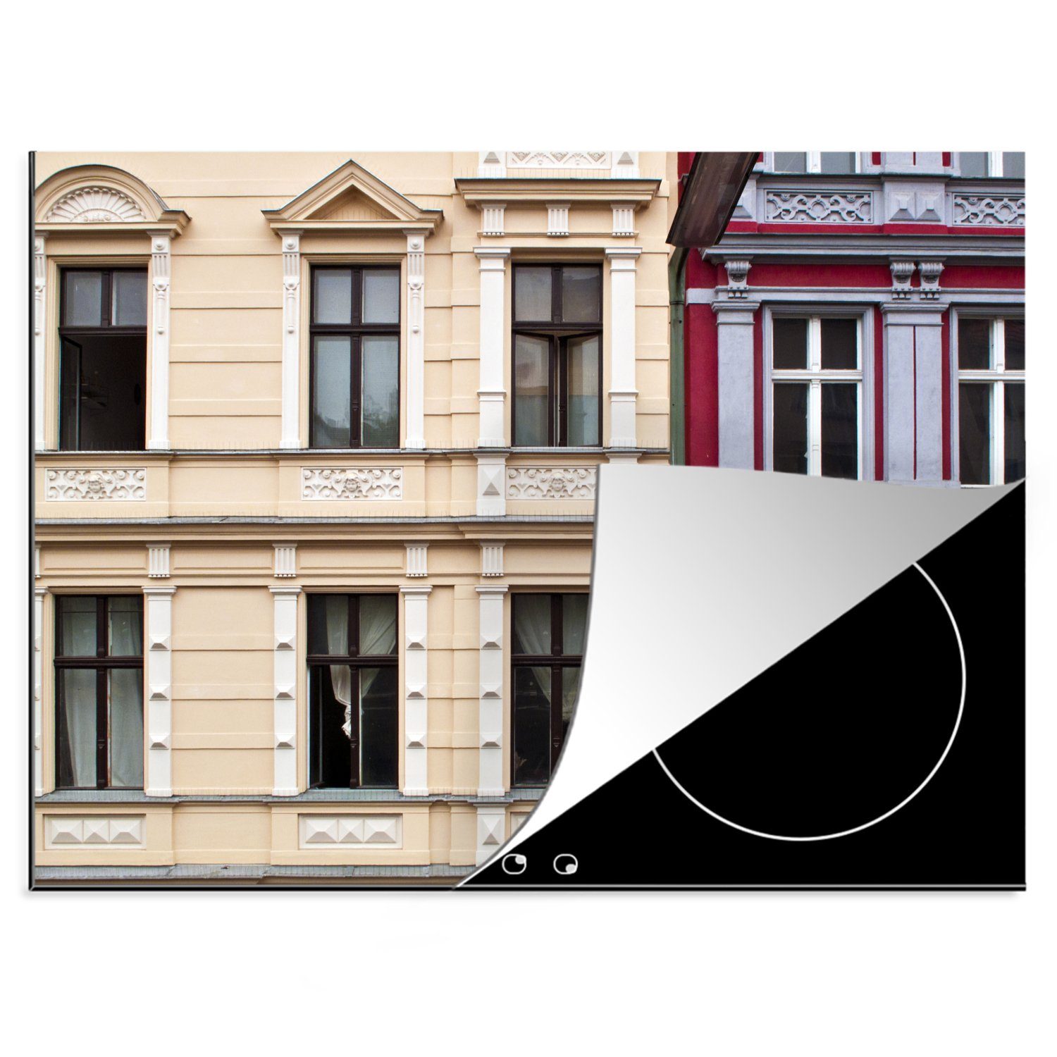 cm, Detail Herdblende-/Abdeckplatte der Ceranfeldabdeckung MuchoWow Fassaden renovierten 70x52 Arbeitsfläche tlg), (1 von farbenfrohen historischen, Vinyl, Mobile nutzbar,