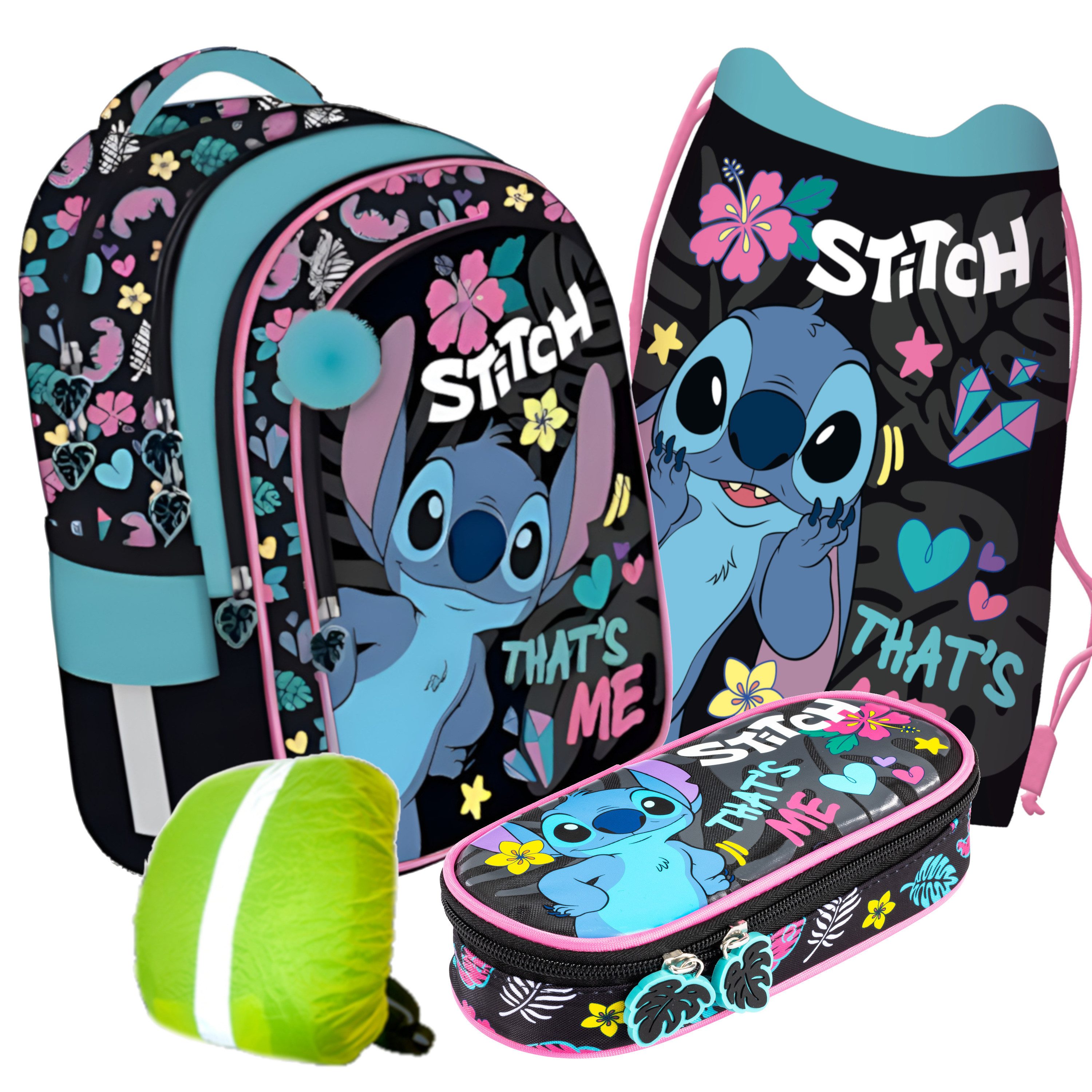 GOLDKIDS Schulranzen für Jungen und Mädchen, 4er-Set - (Schul-Rucksack für Kinder mit, 1-tlg., Schlampermäppchen- und Regenschutz), - Stitch Motiv