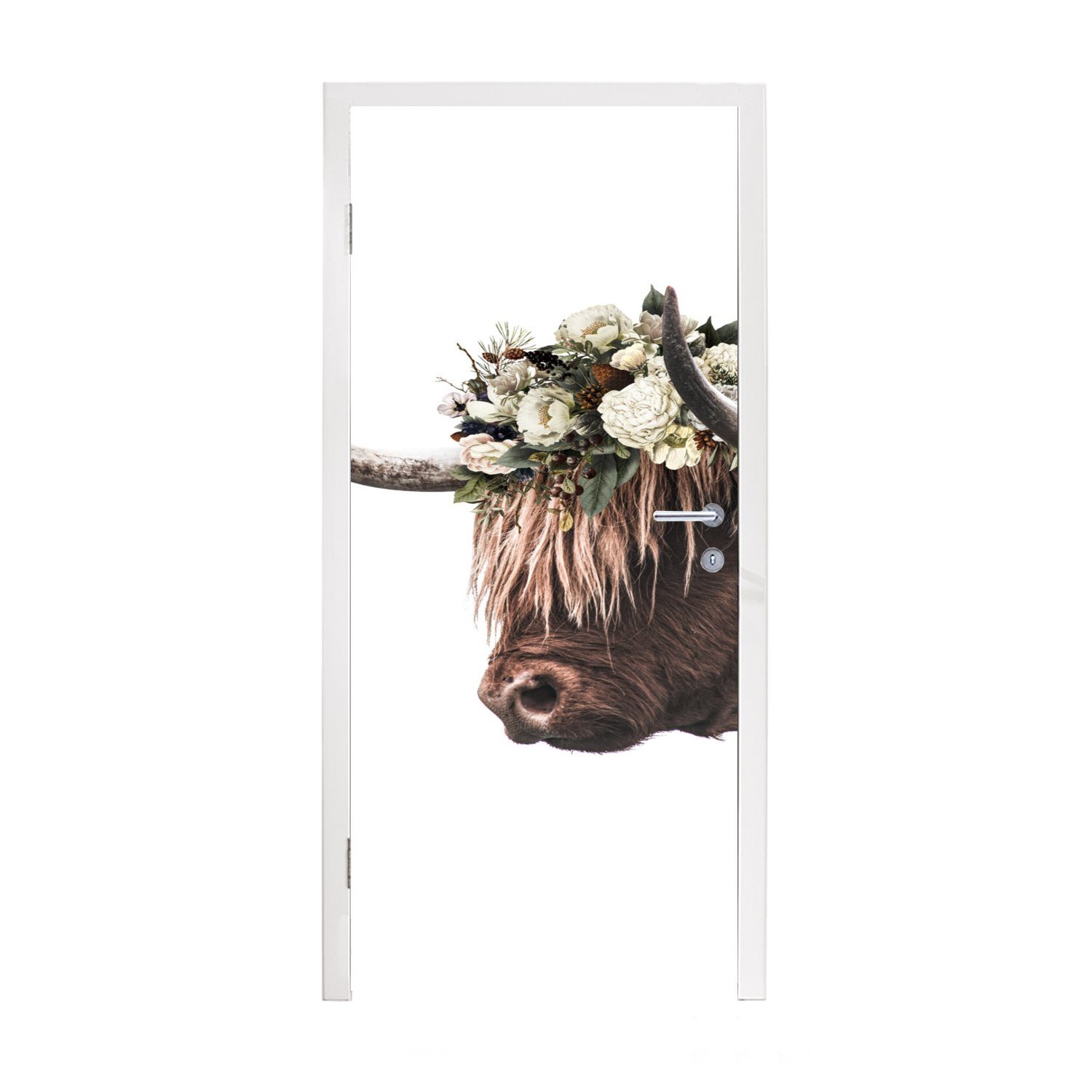 MuchoWow Türtapete Schottischer Highlander - Blumen - Weiß, Matt, bedruckt, (1 St), Fototapete für Tür, Türaufkleber, 75x205 cm