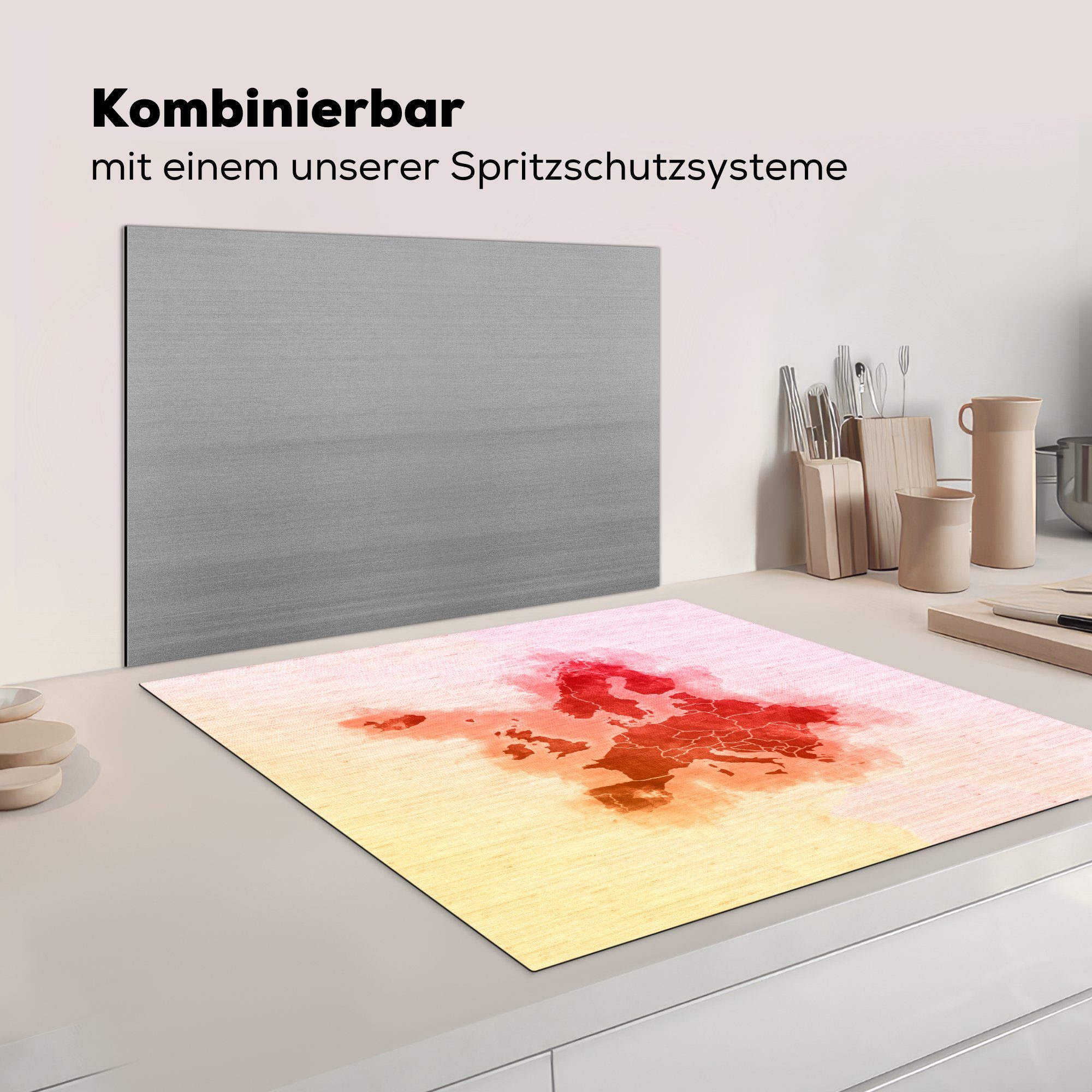 Ceranfeldabdeckung, (1 Arbeitsplatte tlg), Herdblende-/Abdeckplatte - cm, Rot, küche Aquarell für Vinyl, Europa - 78x78 MuchoWow