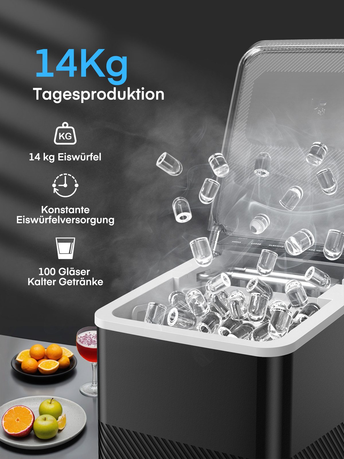 FOHERE Kühlbox Eiswürfelmaschine Klein, 14Kg/24h, 9 Eiswürfel/5Min, selbstreinigend, mit Schaufel/Korb, 2 Größen, Zuhause/Büro/Bar/RV
