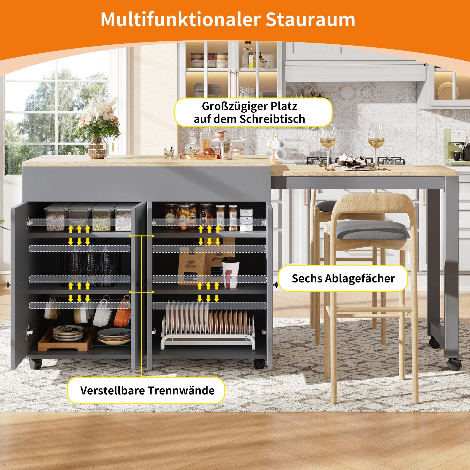 i@home Kücheninsel Ausziehbarer Bartisch, (118–180cm, mit elegantem konkavem Türdesign), Platzsparende bewegliche Kücheninsel mit ausziehbarer Arbeitsfläche – Bild 3 von 5