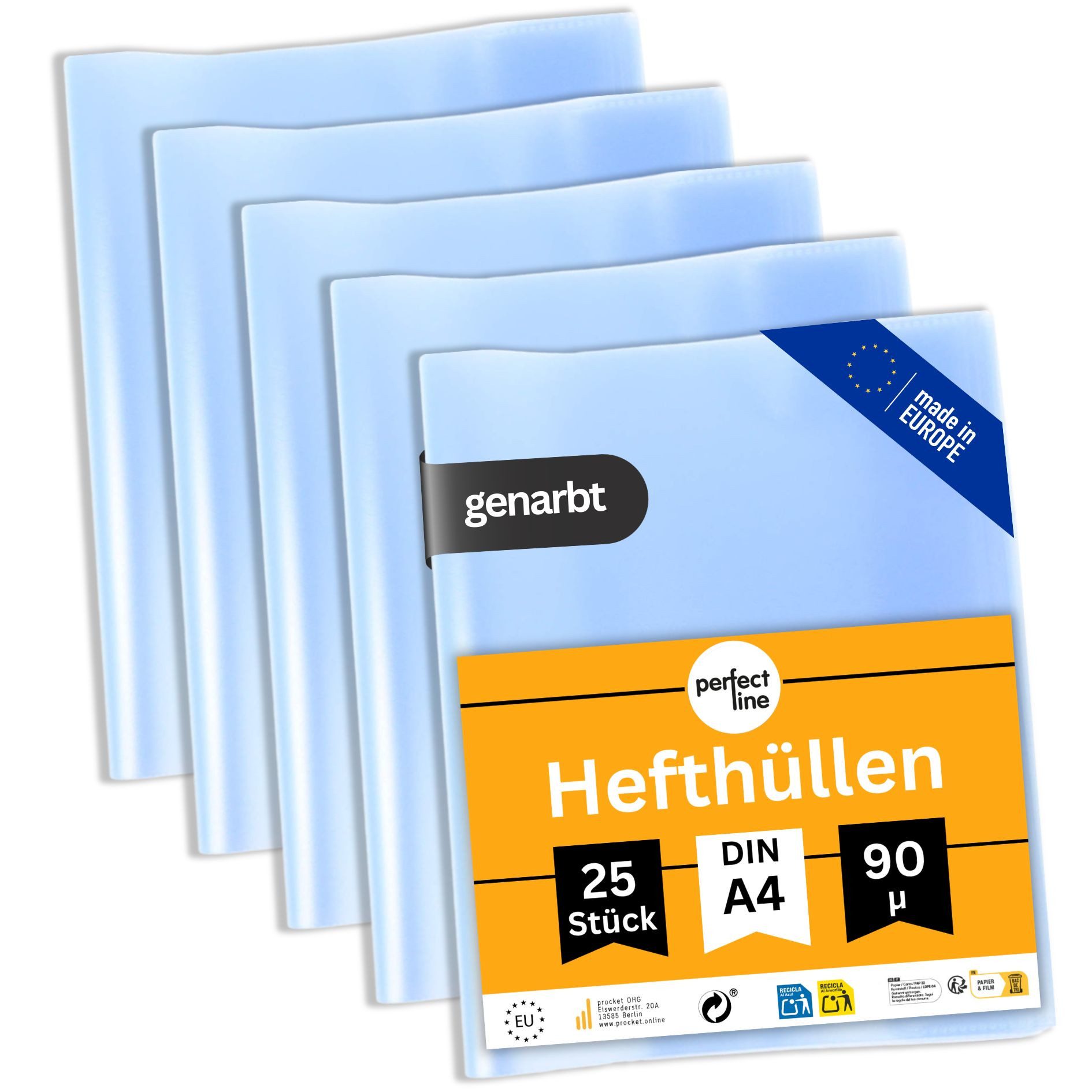 perfect line Schulheft 25 Hefthüllen DIN A4, genarbt transparent, 90 my, PP, dokumentenecht, säurefrei, Made in EU