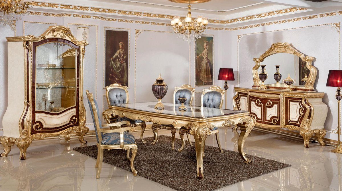 Casa Padrino Gold Luxus Barockstil Esszimmer Weiß Barock im Prunkvoller Möbel Barock - Prunkvolle / / Esstisch Massivholz Esszimmertisch Braun - Esstisch