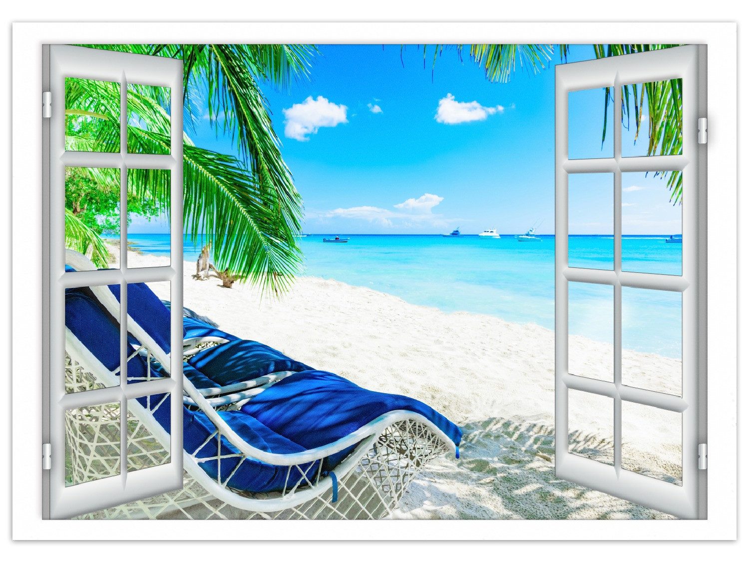 Wallario Teppich Blick durch ein Fenster auf den Strand, rechteckig, rutschfest
