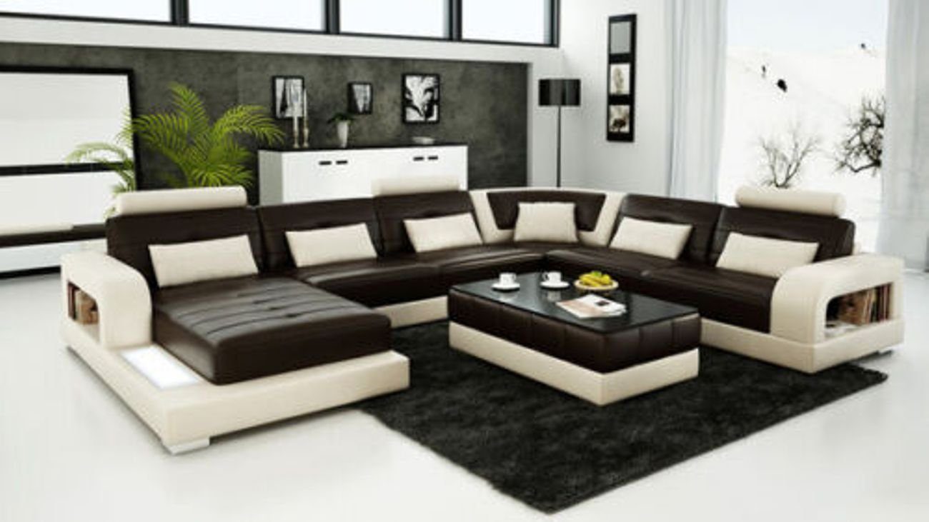 Garnitur Polster Form U Leder Couch Ecksofa Braun Modern Wohnlandschaft Eck JVmoebel Sofa+USB