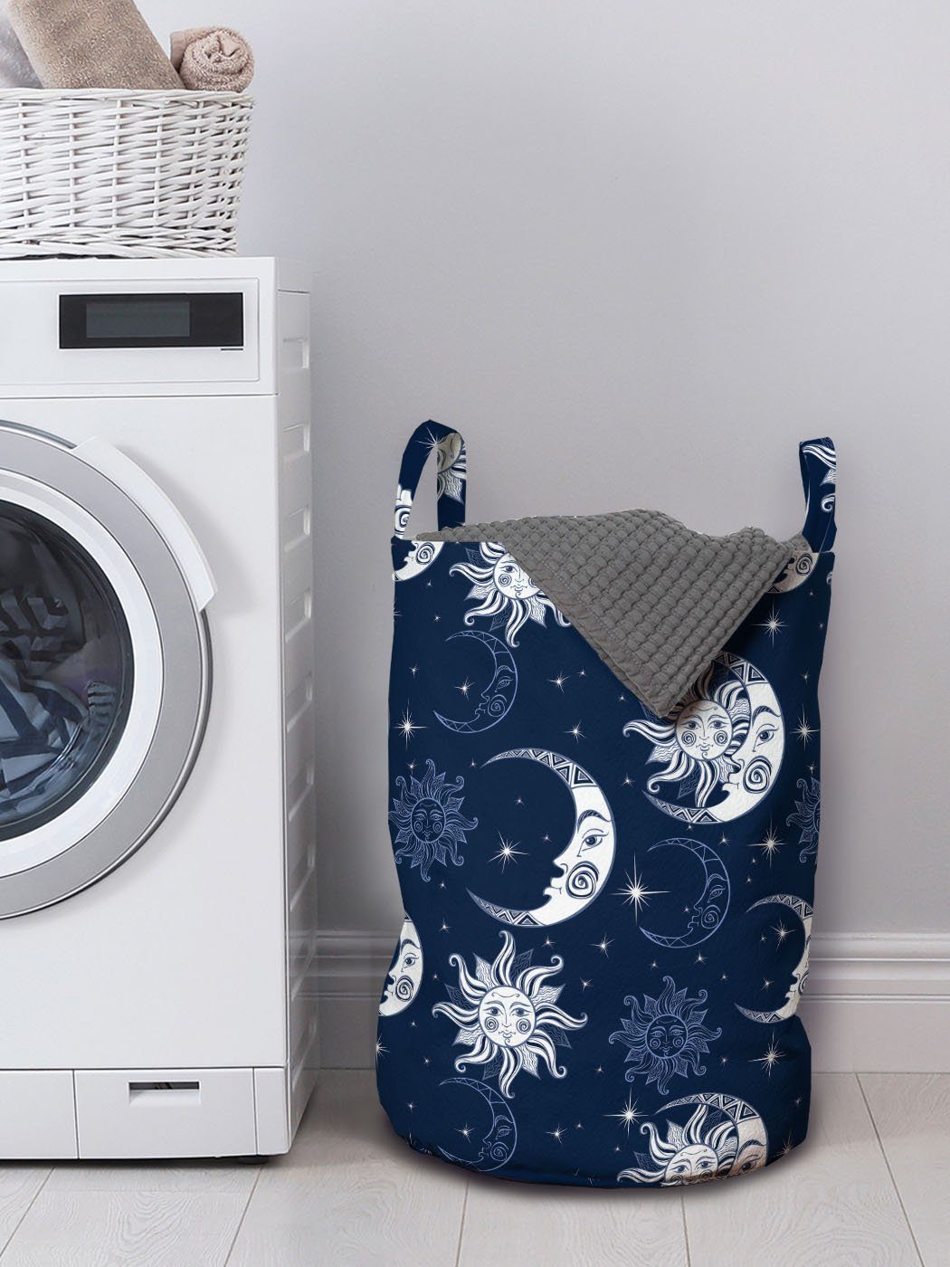 Abakuhaus Wäschesäckchen Wäschekorb mit Griffen Kordelzugverschluss Sterne Halbmond Mystischer für Waschsalons, Sonne, Himmel