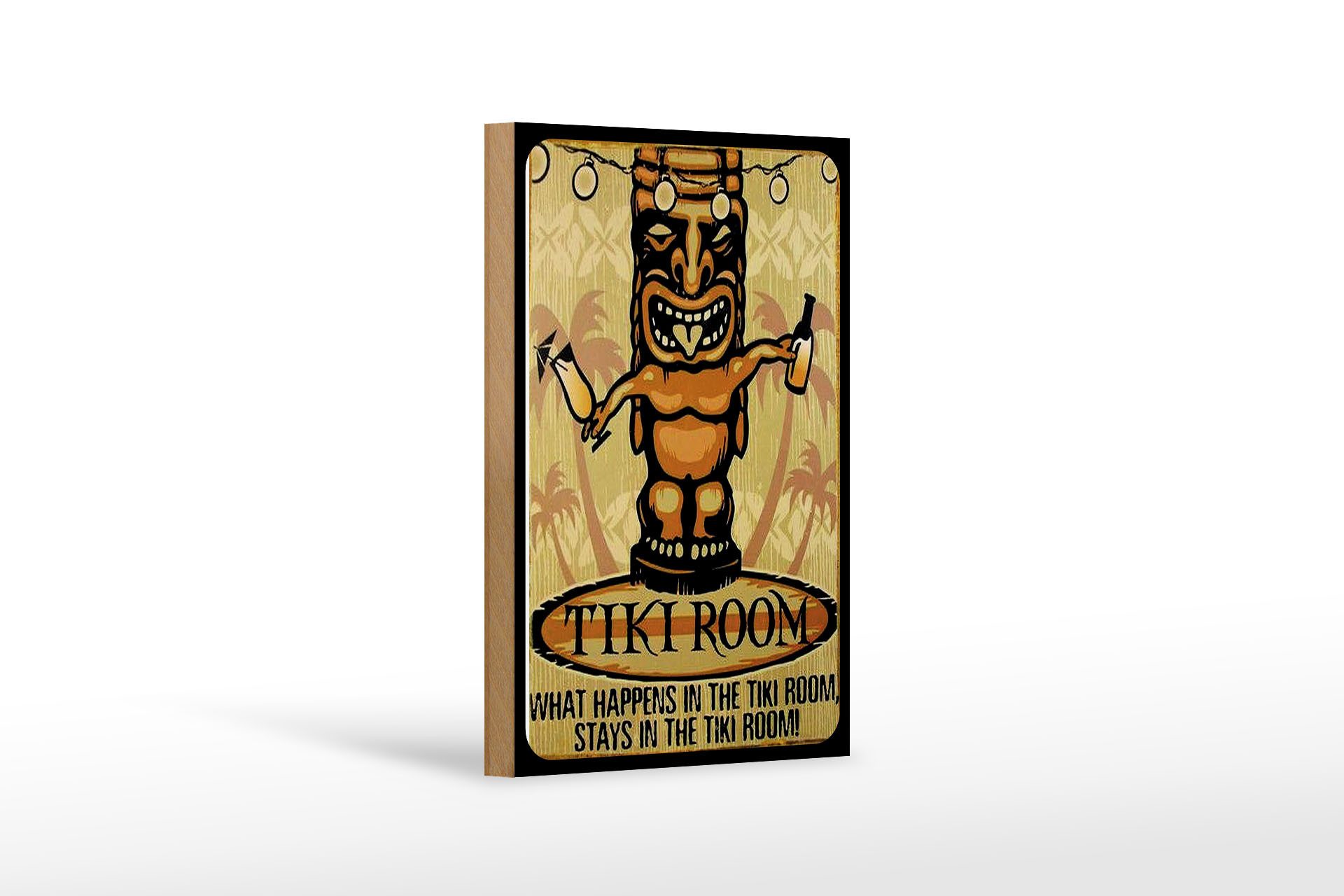 Femer GmbH Holzbild Hinweis 12x18 cm Tiki Room What happens in the room stay in the room, (1 St), Glatte Holzfaserplatte (MDF), vorn beschichtet