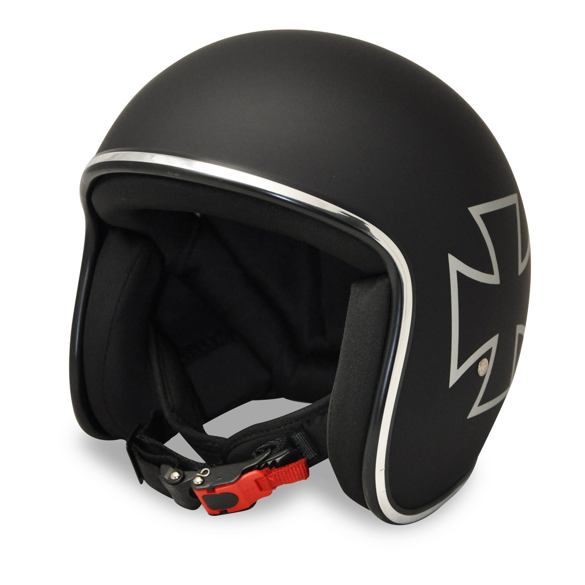 Alpha Speeds Motorradhelm ATELIER — Classic Iron Cross, Jet-Helm • Fiberglas • Matt Schwarz, nur ca. 800 g, inkl. herausnehmbare Wangenpolster, Slim & Smart Fit