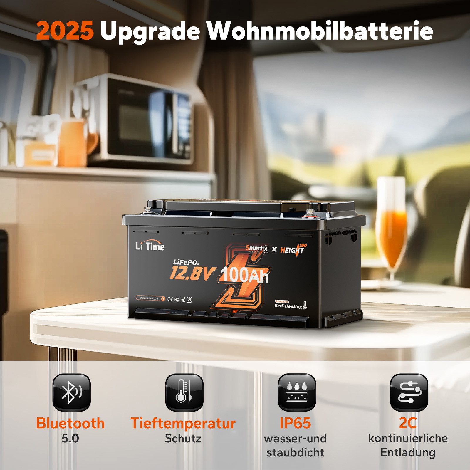 LiTime 12V 100Ah H190 Selbsterwärmung LiFePO4 Batterie mit Bluetooth 1280Wh Solarakkus 100000 mAh (12 V), mit BMS für Solaranlagen, Heimenergiespeicher, Wohnmobil
