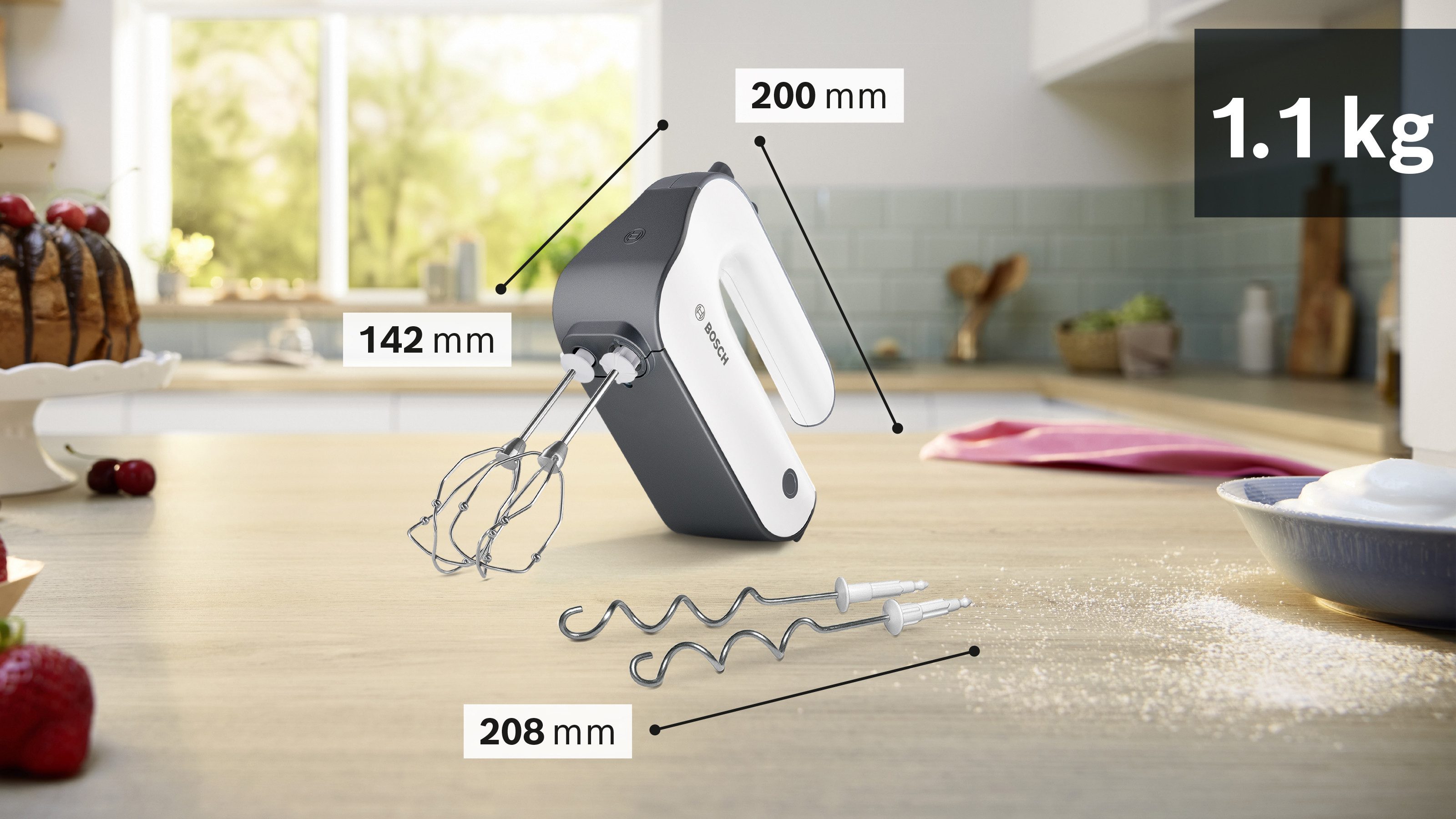BOSCH Handmixer MFQ49300, Edelst. Rührbesen/Knethaken, 5 Stufen, Spiralkabel, 850 W, Turbotaste, Soft-Touch-Griff, leichtes Gehäuse, Made in Europe
