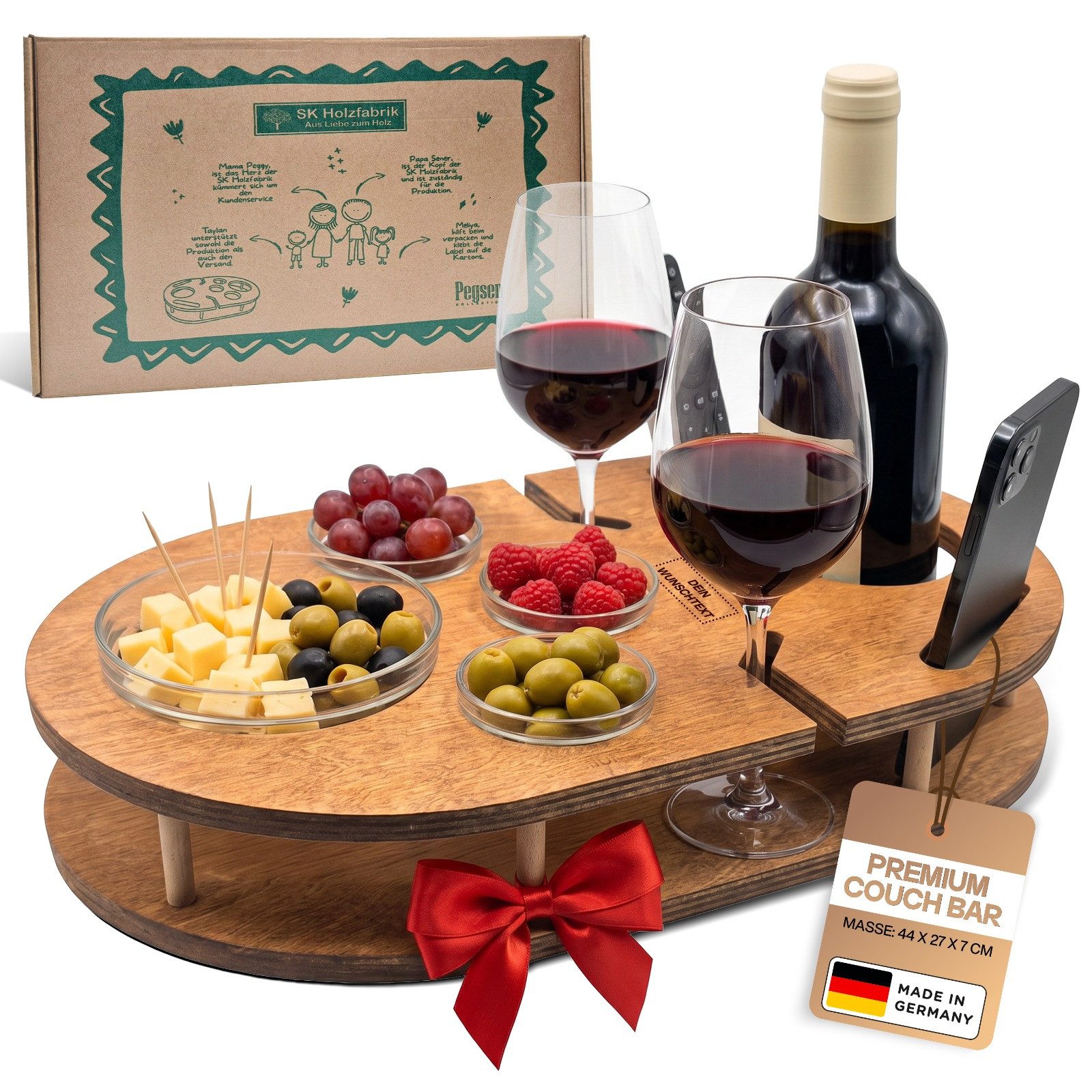 PEGSEN Servier-Set Weinbar Couchbar mit 4 Glasschalen, Birkenholz, Weingläser & Snacks stehen stabil und sicher