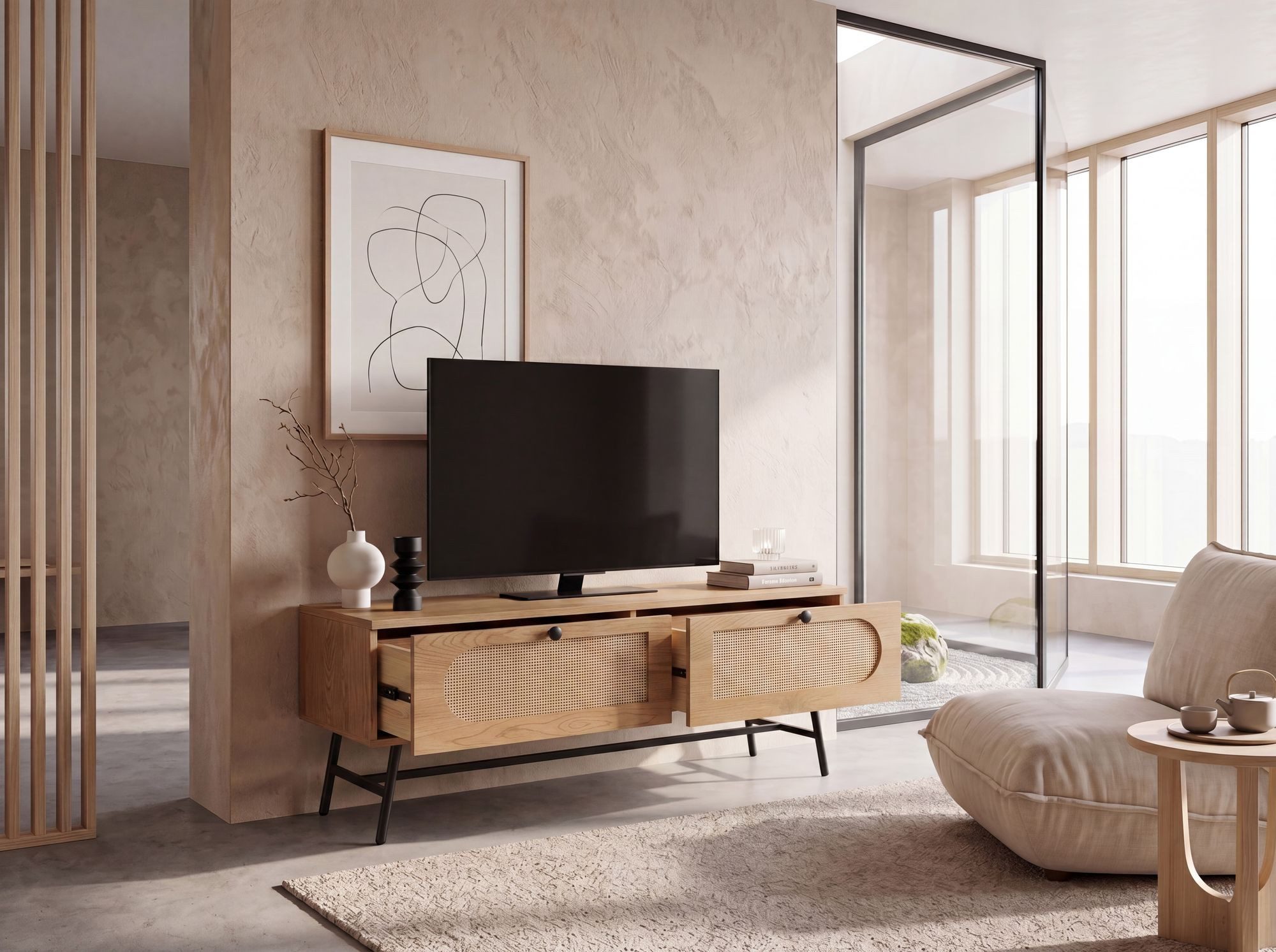 FineBuy Lowboard 100x45x40 cm TV-Kommode mit Eiche-Dekor & Rattan, Design TV-Schrank Hoch mit Schubladen, Fernsehtisch Fernsehschrank, Fernsehkommode Wohnzimmer – Bild 2 von 5