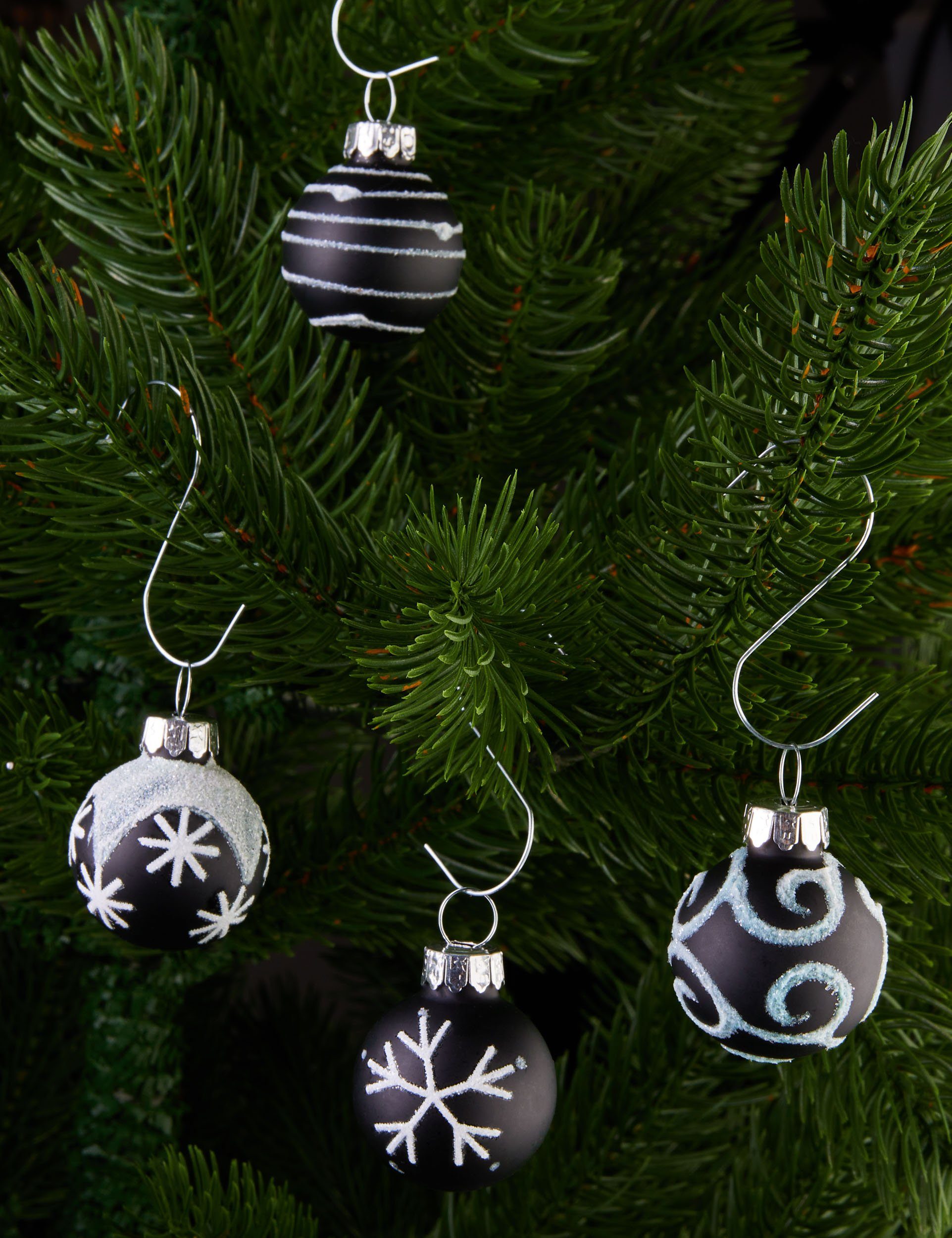 3 Christbaumschmuck Baumkugeln Mini - aus mit für St), (36 BRUBAKER Kugeln Weihnachtsbaum Handbemalter Weihnachtsdekorationen Schwarz Glas und cm Weihnachtsbaumkugel Weihnachtskugeln