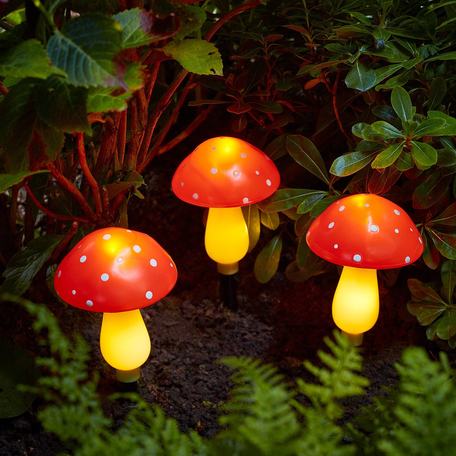 Lights4fun LED Gartenleuchte 3er Set Solar Fliegenpilz Stableuchten