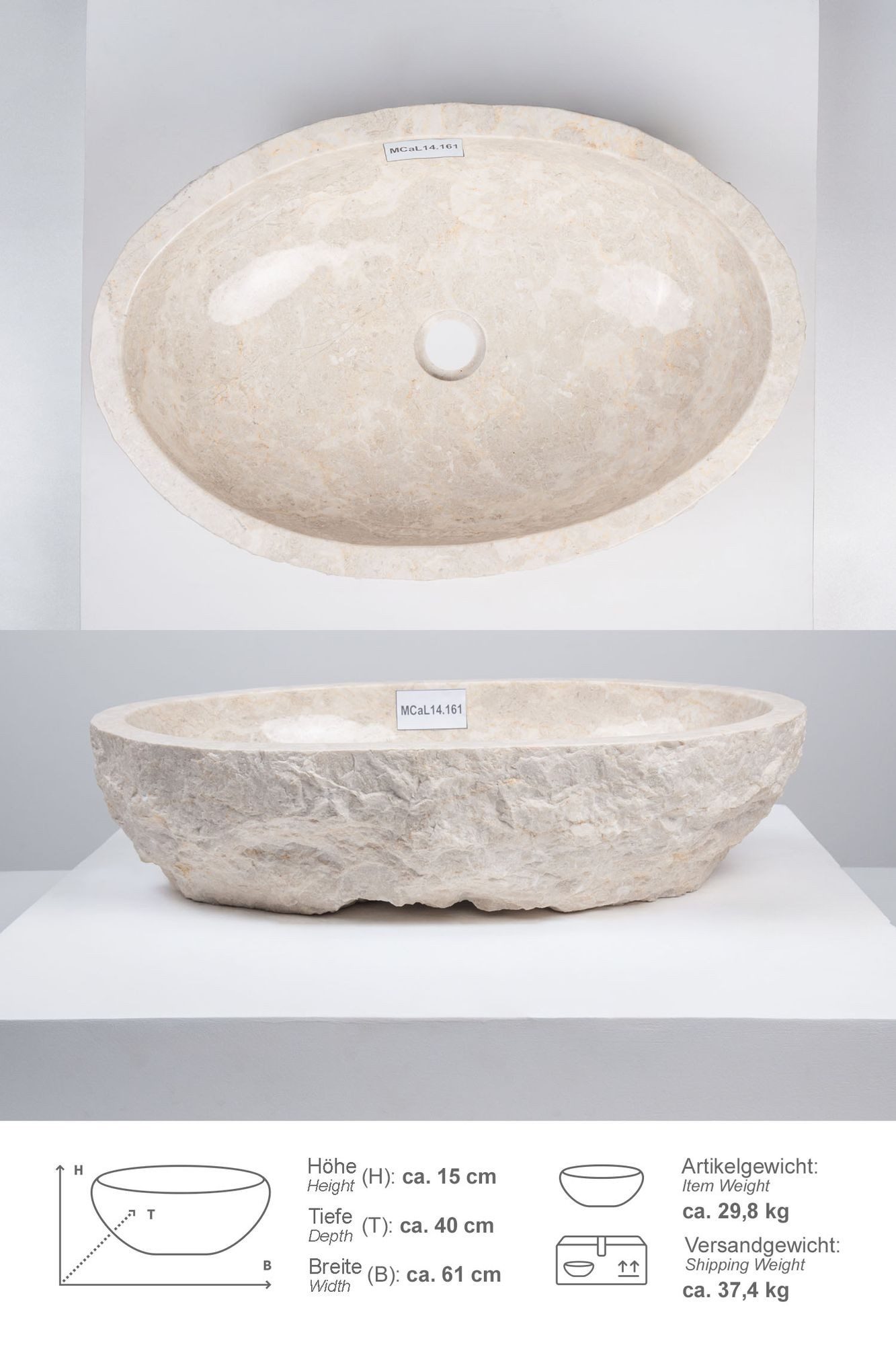wohnfreuden Aufsatzwaschbecken Erosi Marmor Waschbecken 60 cm creme (Kein Set), 102276_MCaL14.161